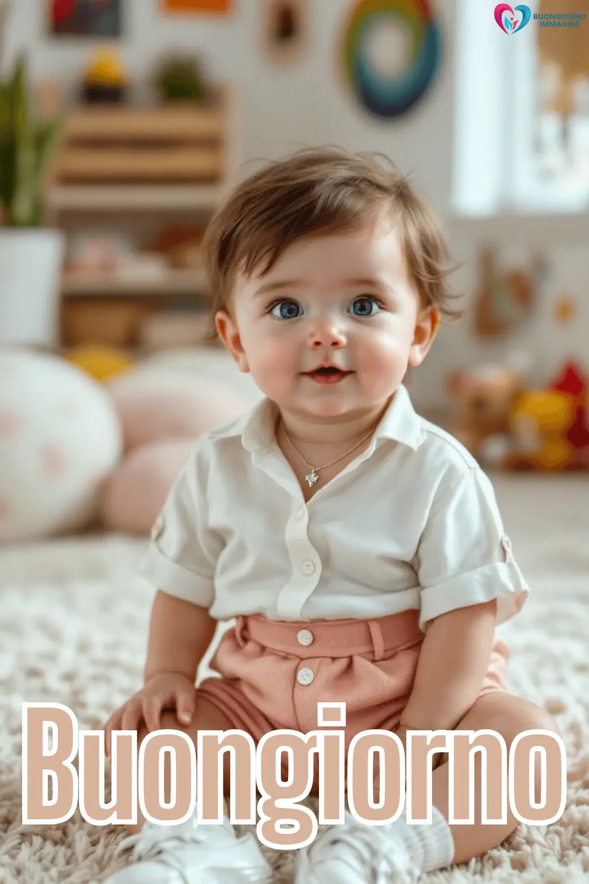 Bambino sorridente con camicia bianca seduto sul tappeto, buongiorno bambini, immagini gratis per WhatsApp