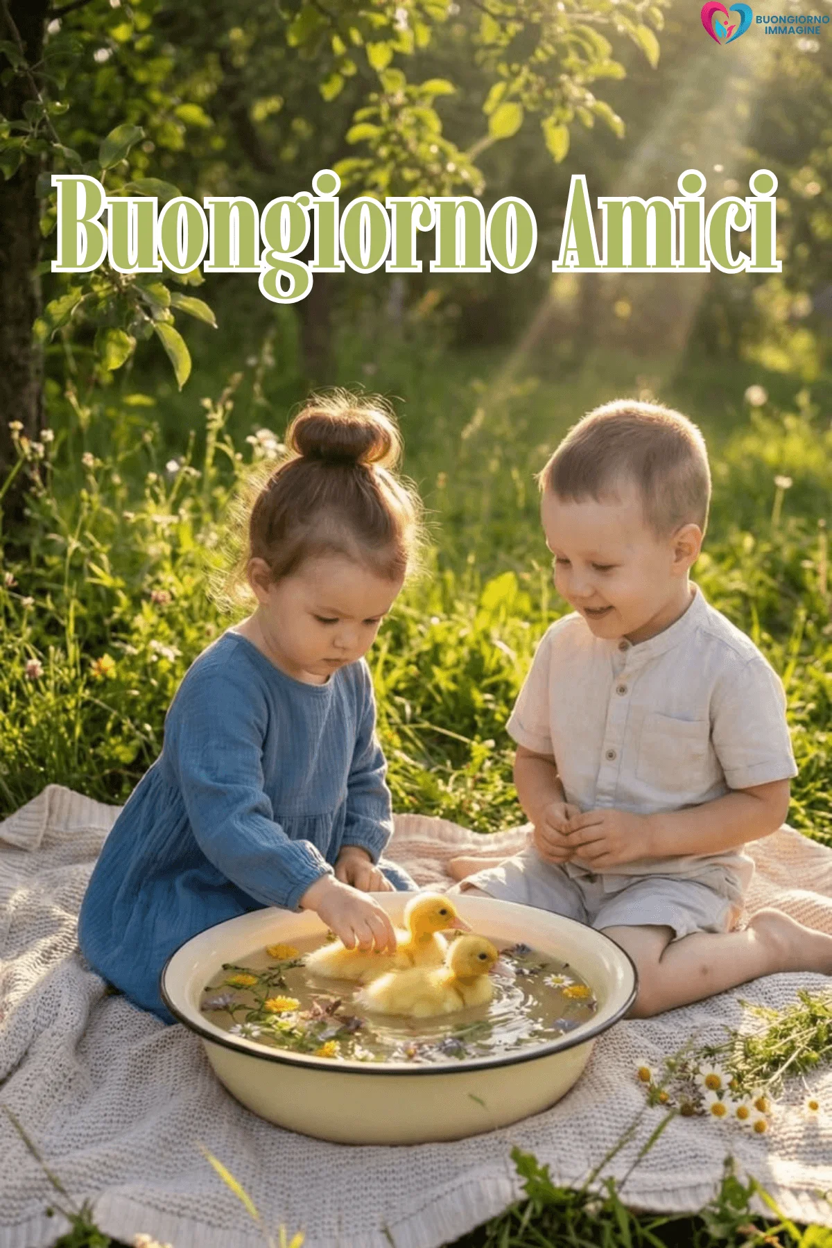 Due bambini giocono con anatroccoli in una ciotola d'acqua – buongiorno amici immagini gratis per WhatsApp