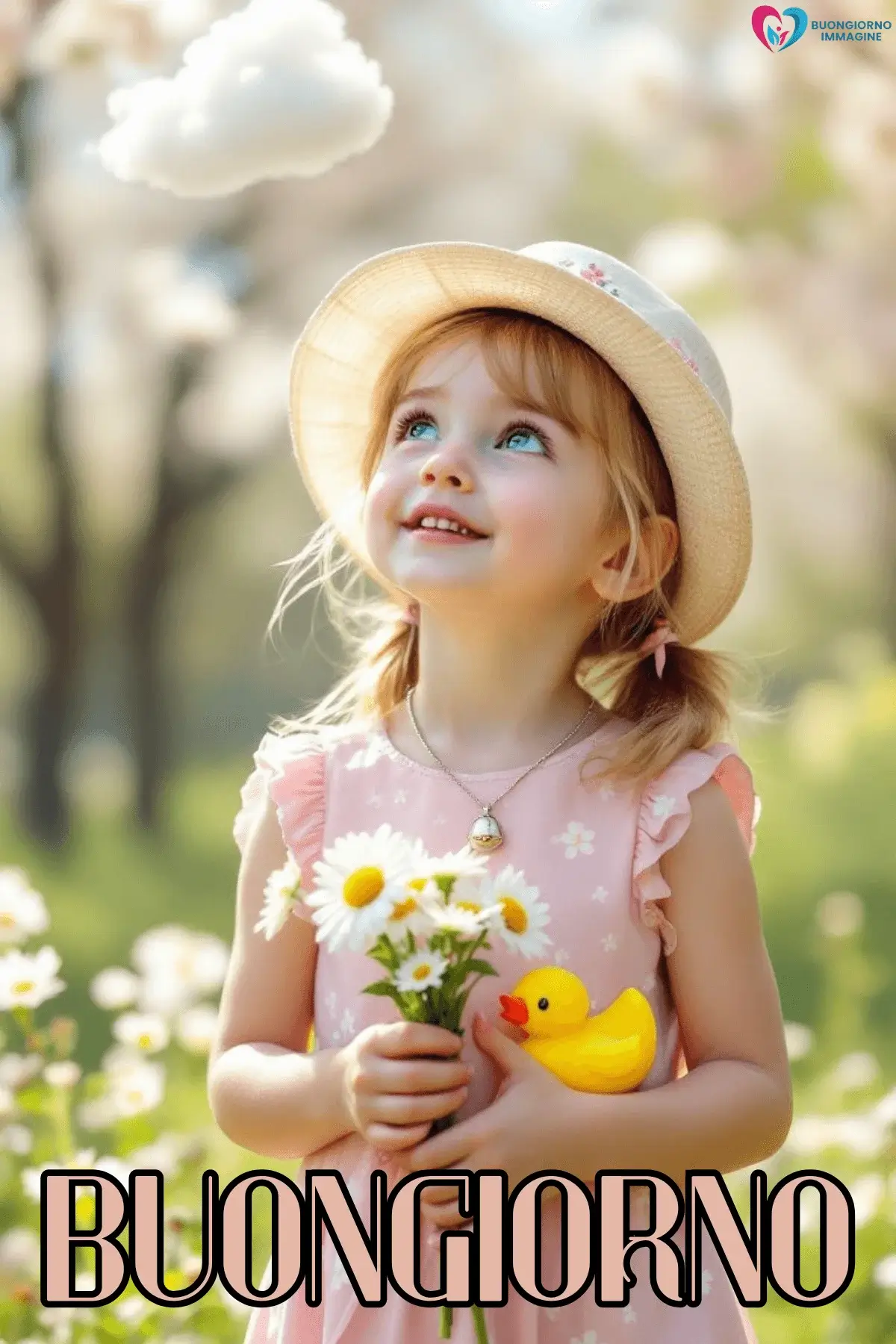 Bambina con cappello di paglia, margherite e paperella gialla in giardino fiorito – buongiorno bambini immagini gratis per WhatsApp
