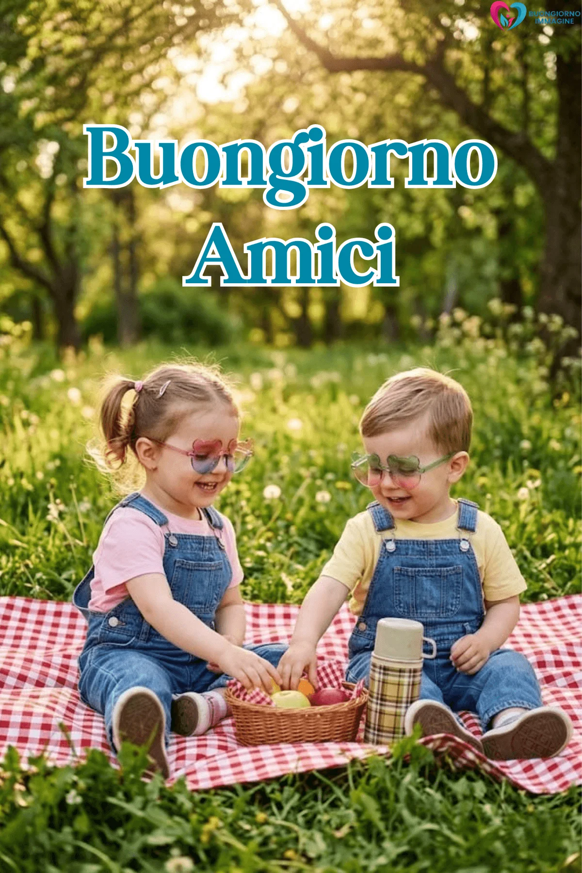 Due bambini amici al picnic nel prato con cesto di frutta – buongiorno amici immagini gratis per WhatsApp