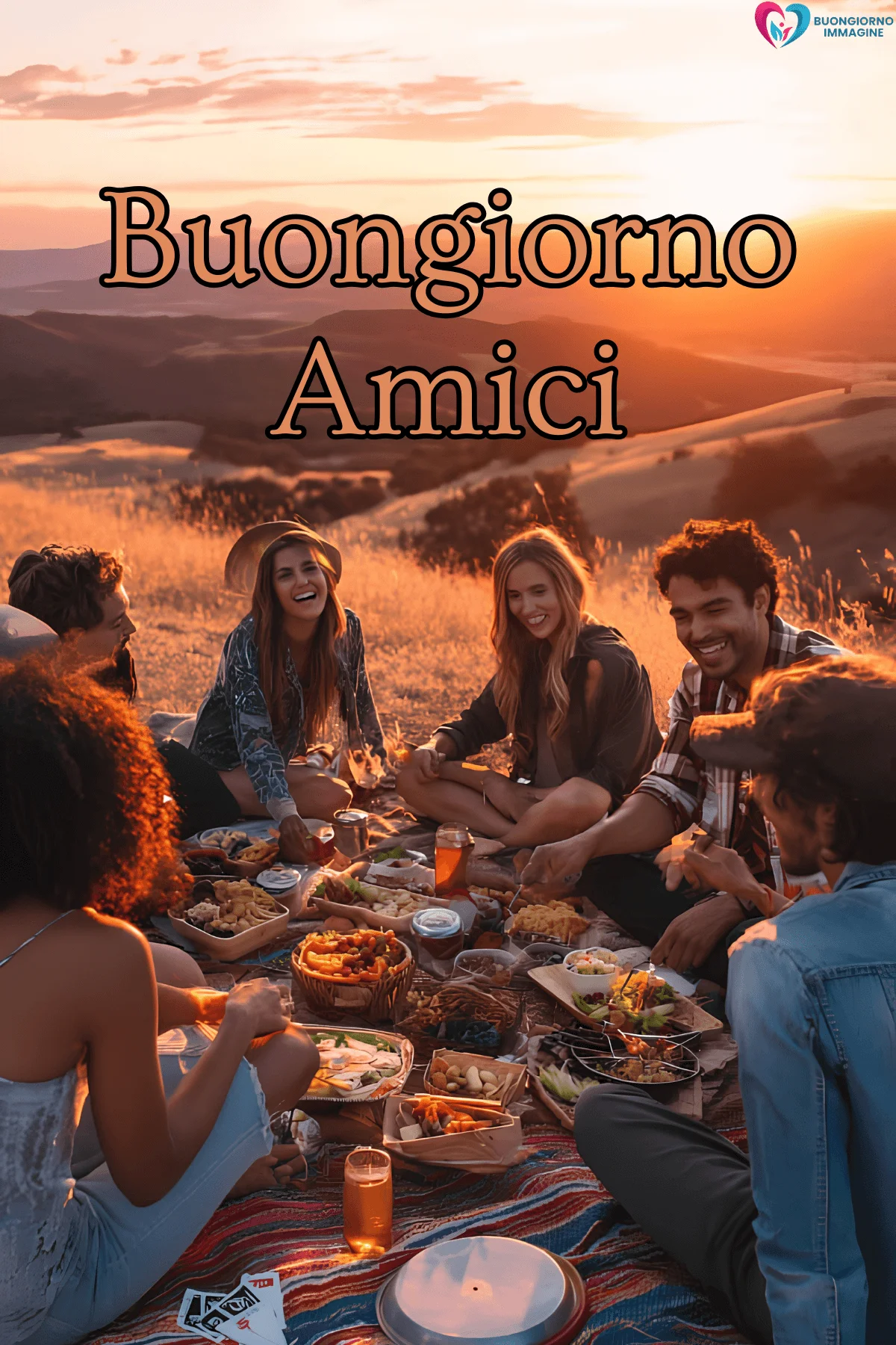 Gruppo di amici ride e mangia durante un picnic al tramonto – buongiorno amici immagini gratis per WhatsApp