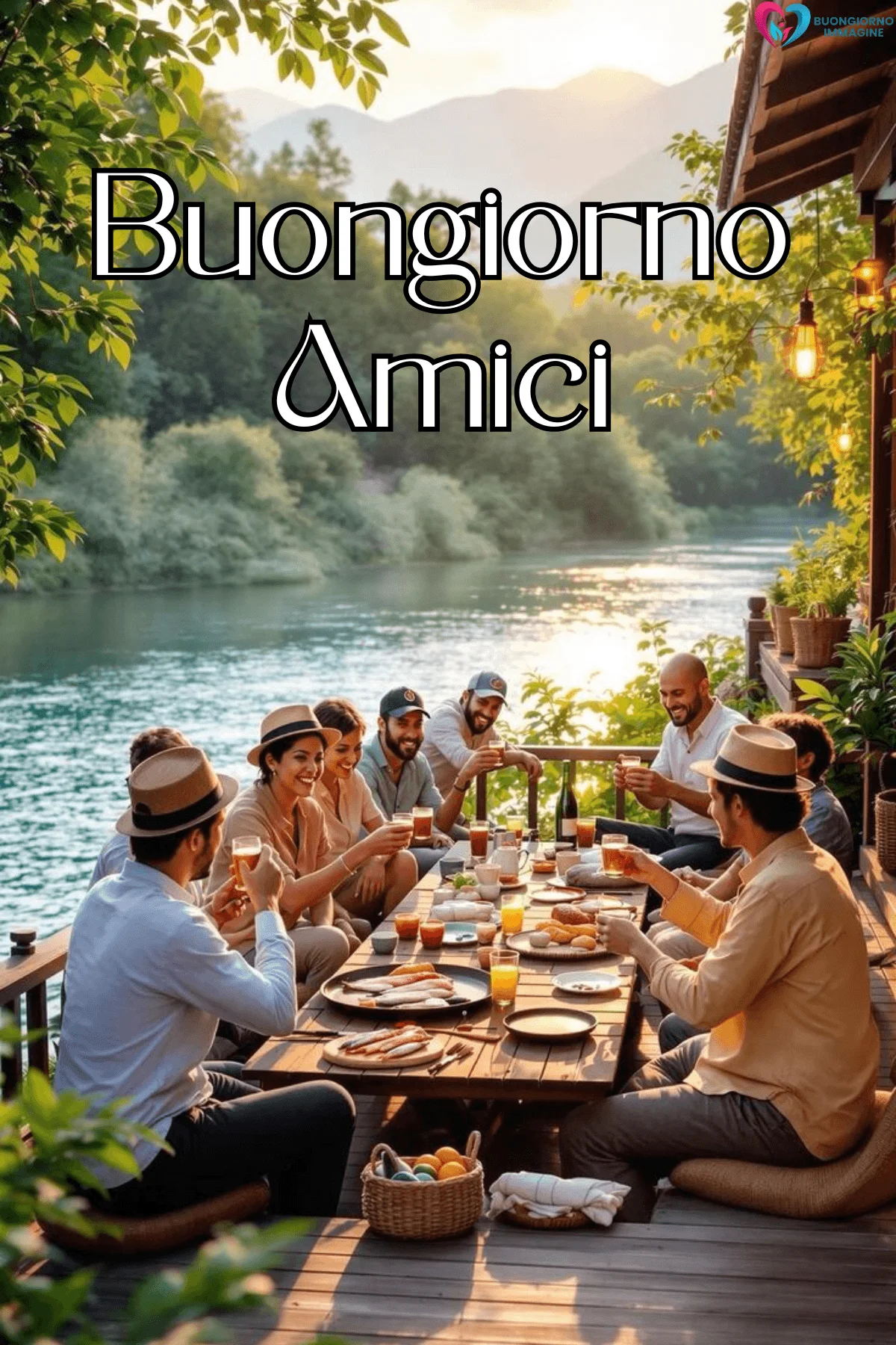 Gruppo di amici a colazione su terrazza sul fiume al tramonto, buongiorno amici immagini gratis per WhatsApp