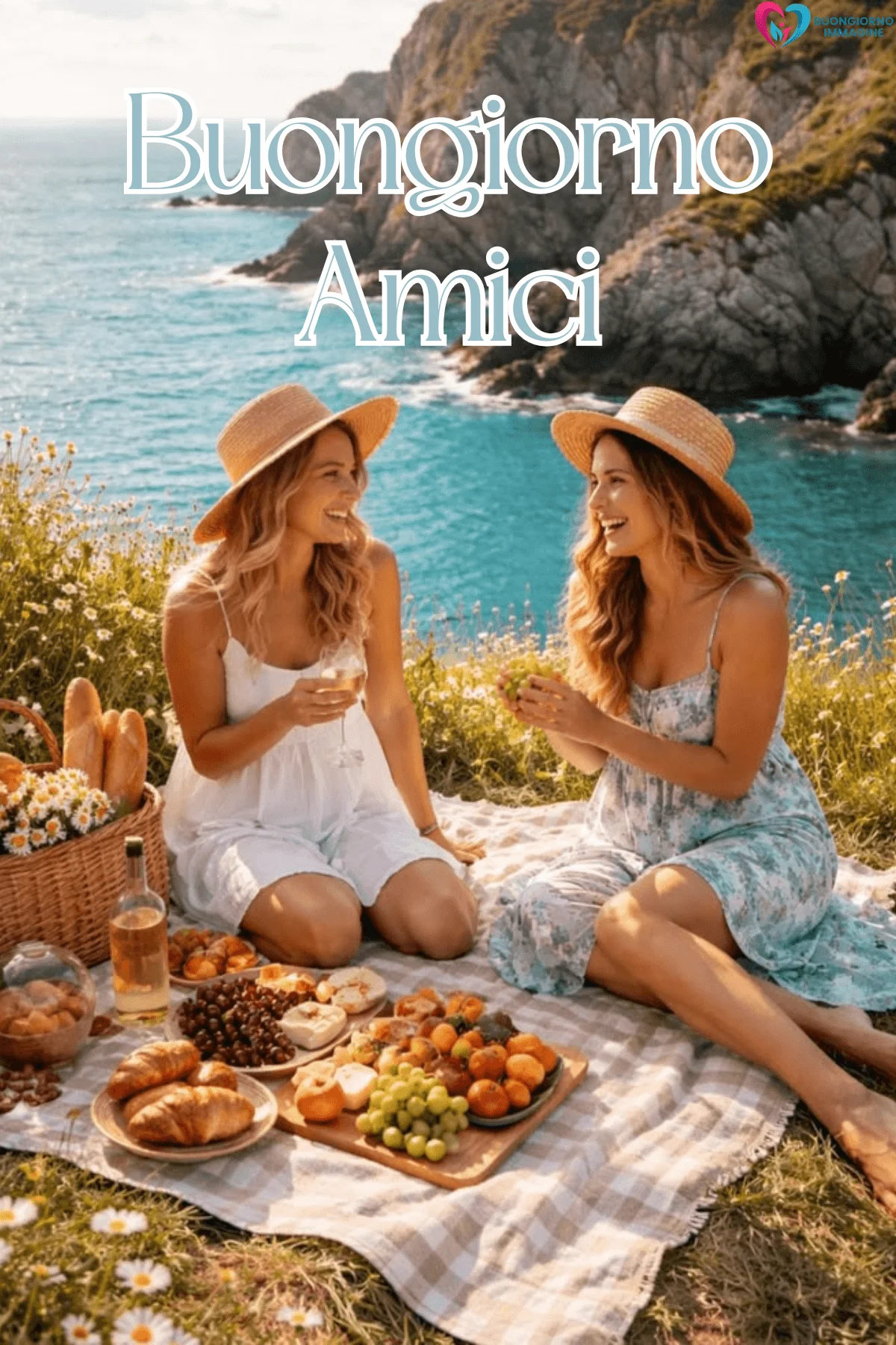 Due amiche sorridenti fanno un picnic sul mare con frutta e croissant – buongiorno amici immagini gratis per WhatsApp