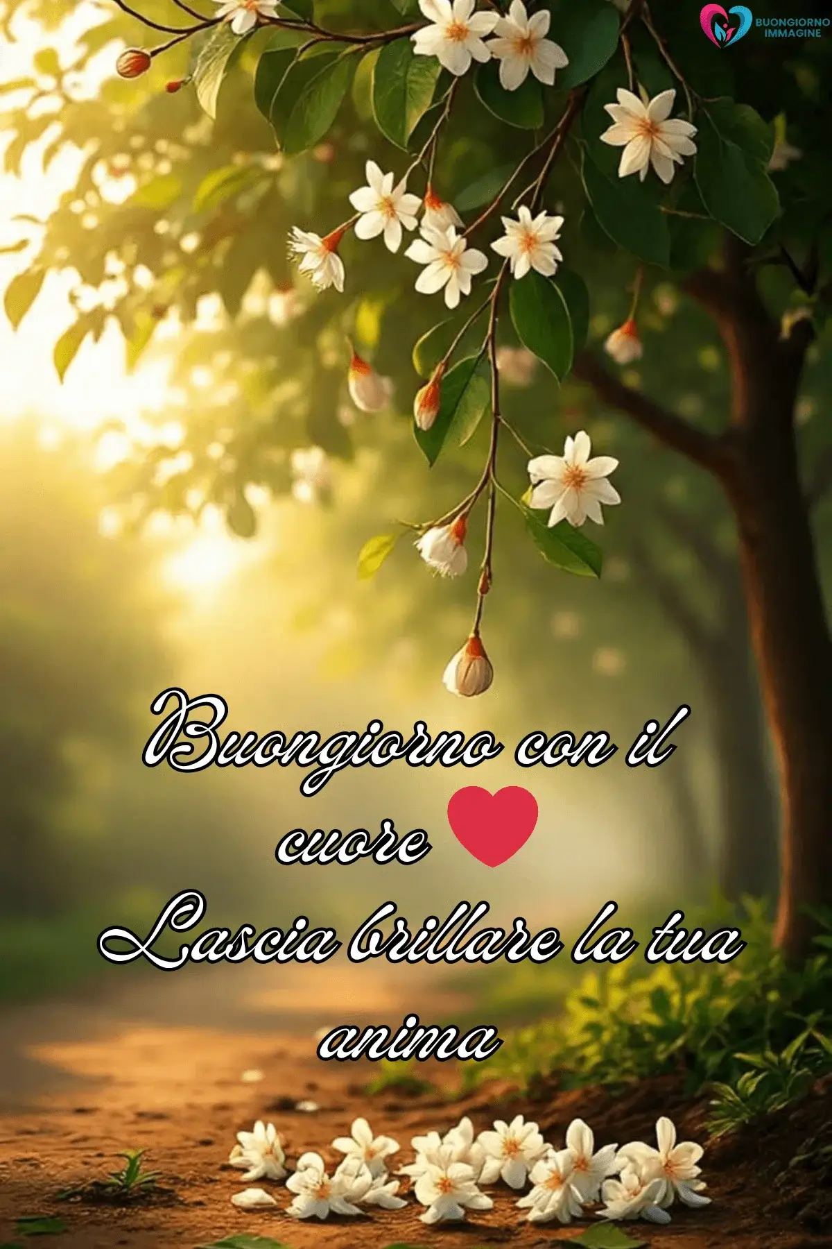 Ramo fiorito bianco su sentiero dorato, buongiorno frasi nuove, immagini gratis per WhatsApp