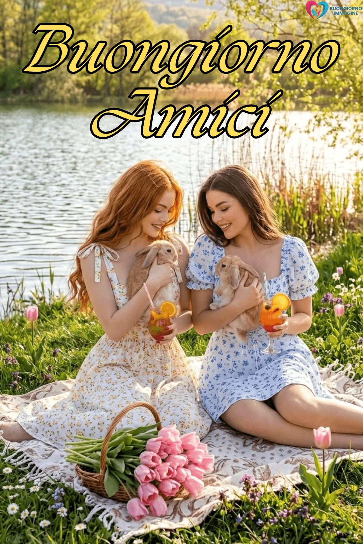 Due amiche con conigli e tulipani rosa al lago, buongiorno amici immagini gratis per WhatsApp