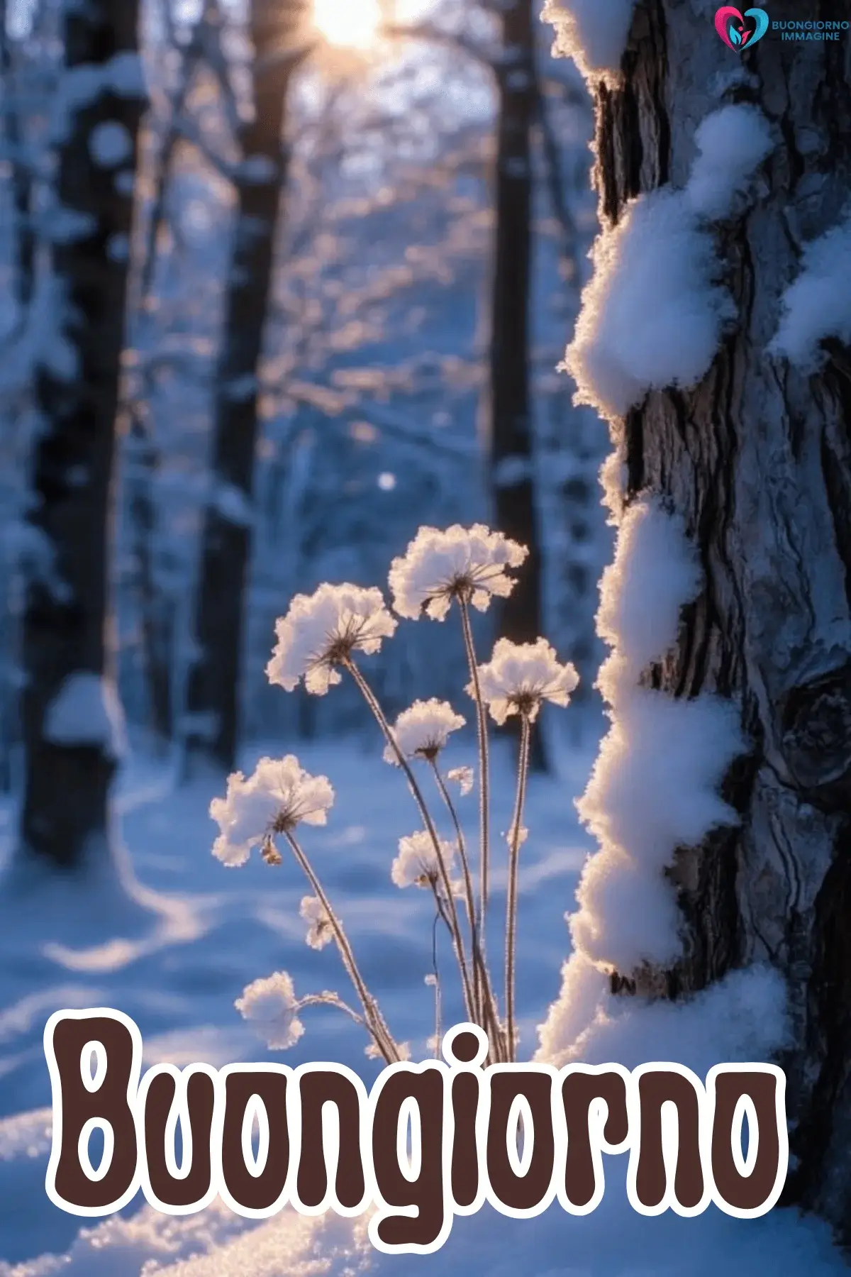 Fiori innevati e tronco d'albero in foresta invernale soleggiata, buongiorno invernale immagini gratis per WhatsApp