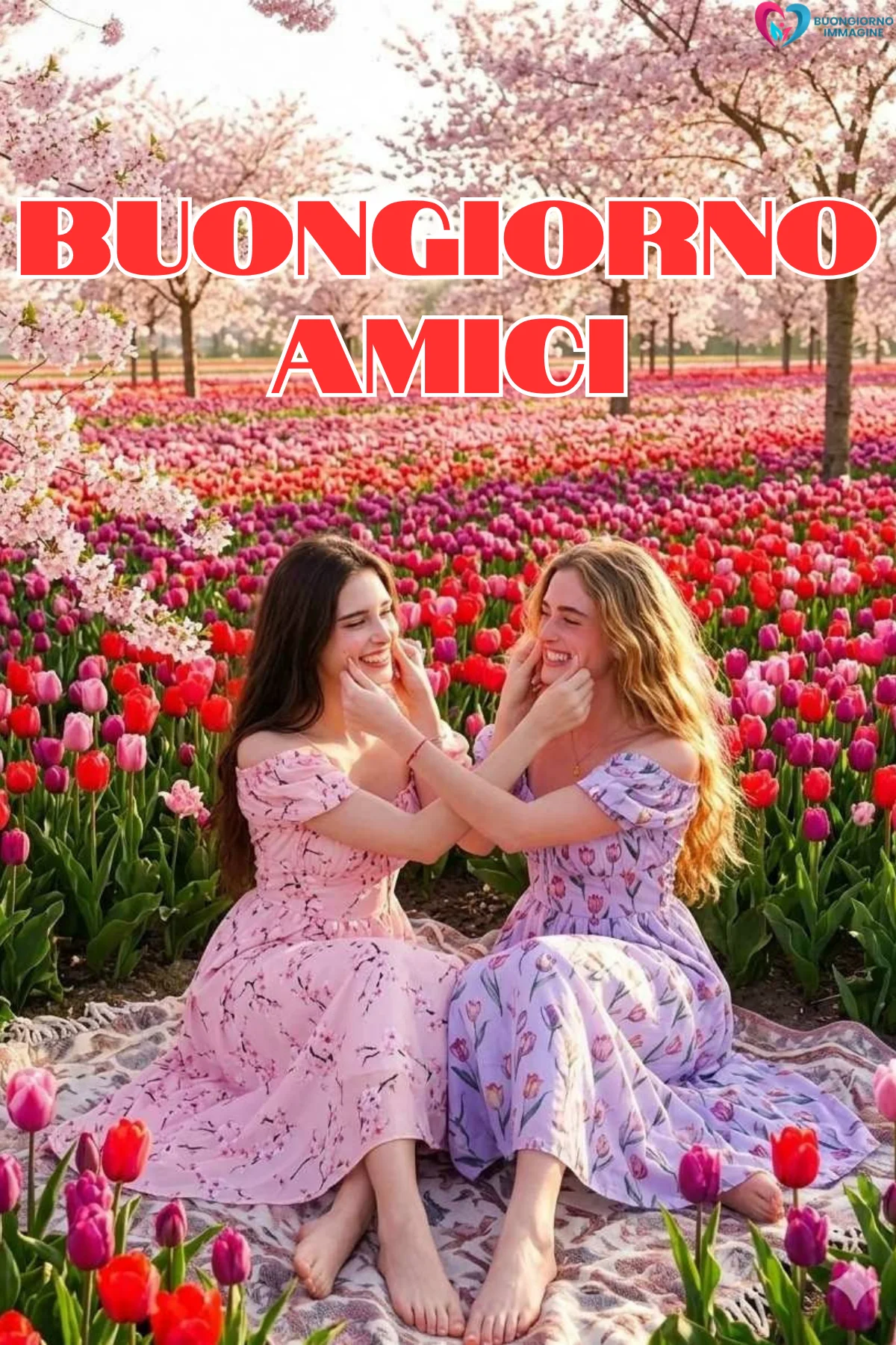 Due amiche sorridenti tra tulipani colorati e ciliegi in fiore, buongiorno amici immagini gratis per WhatsApp