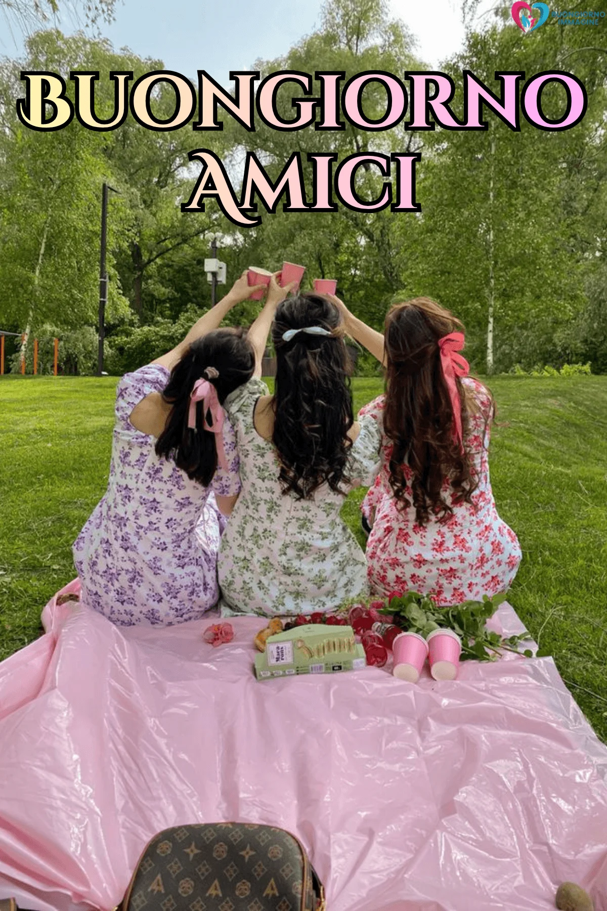 Tre amiche al picnic alzano bicchieri rosa in un parco verde – buongiorno amici immagini gratis per WhatsApp