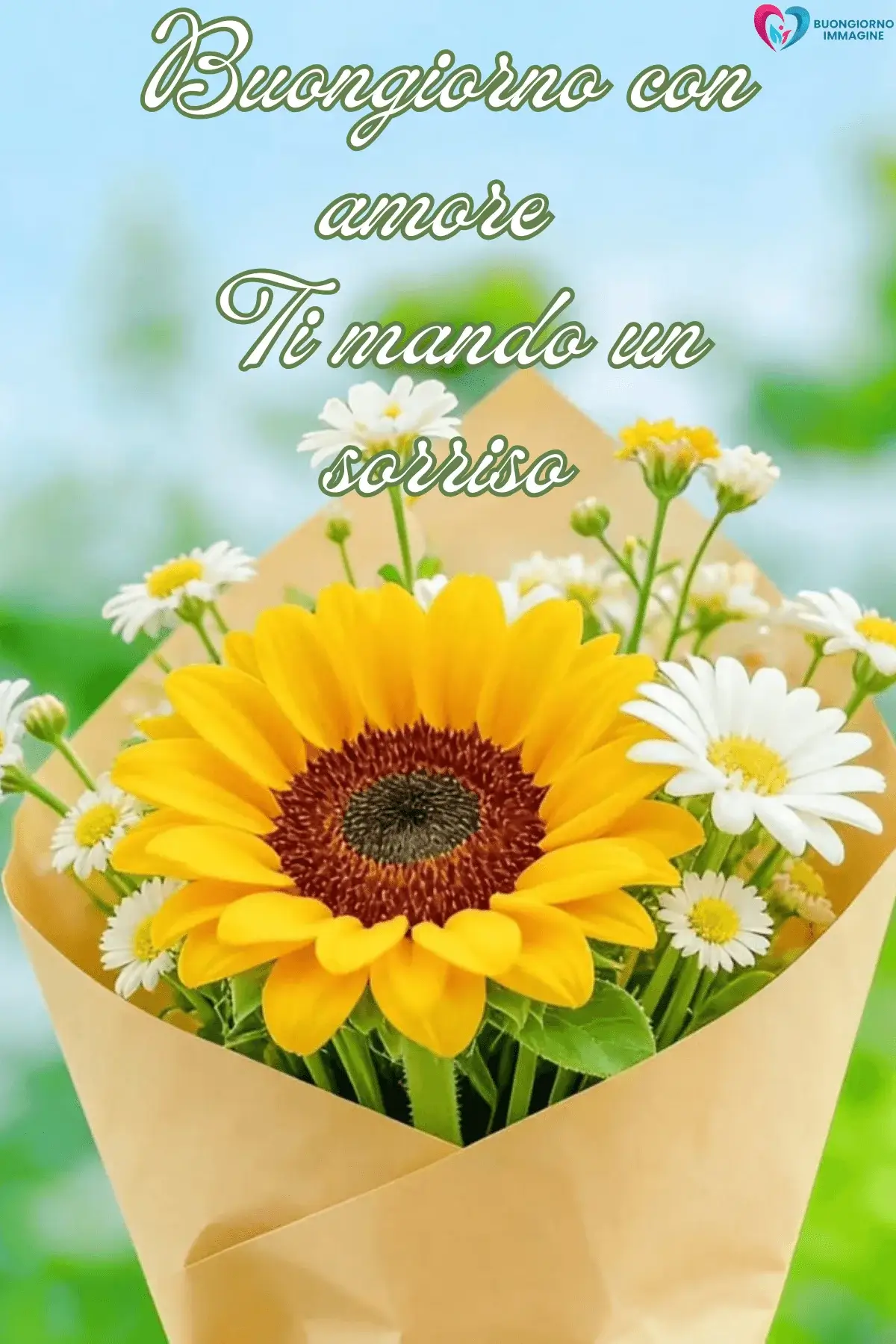 Bouquet di girasole e margherite con frasi buongiorno affettuoso, immagini gratis per WhatsApp