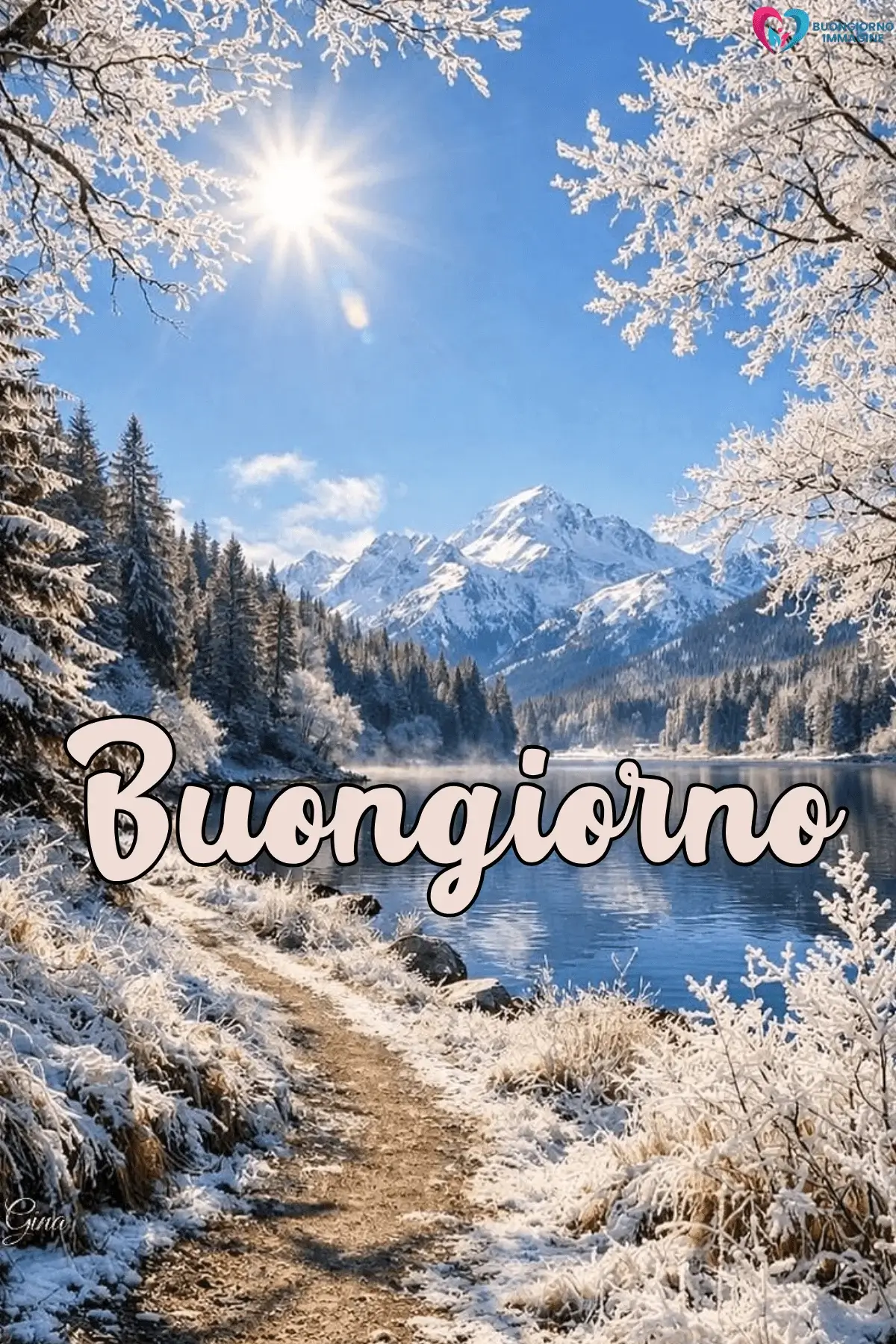 Paesaggio invernale con lago ghiacciato e montagne innevate, buongiorno invernale immagini gratis per WhatsApp
