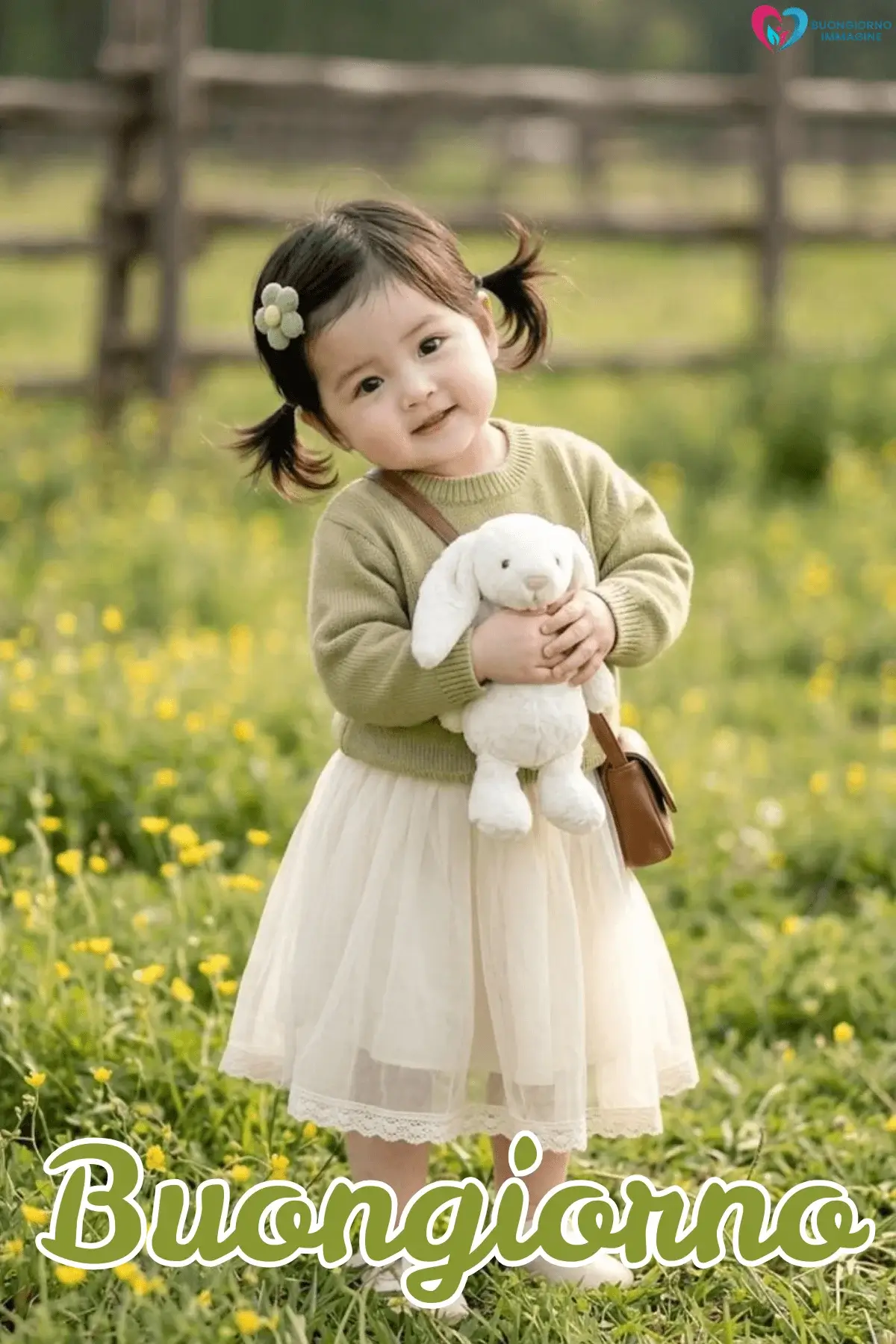 Bambina sorridente con peluche coniglio in prato fiorito, buongiorno bambini, immagini gratis per WhatsApp