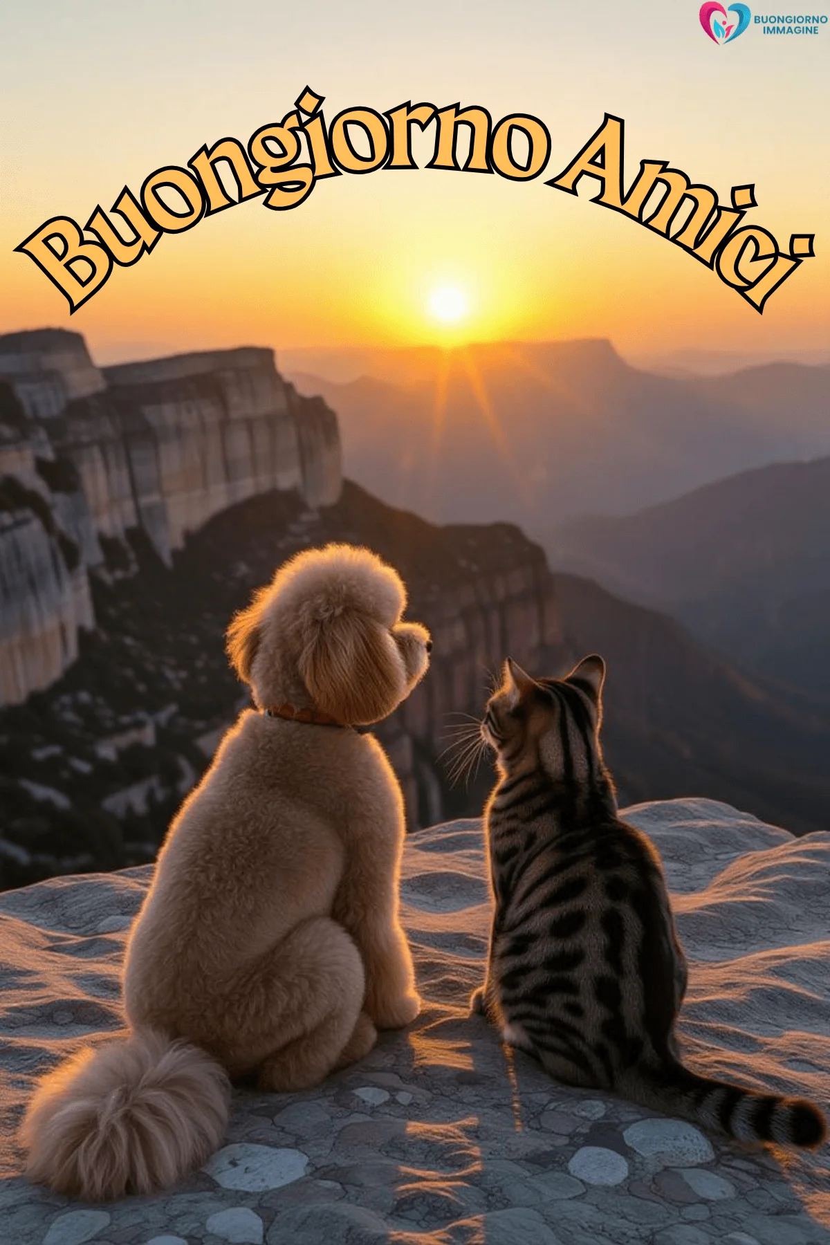 Cane barboncino e gatto a strisce osservano l'alba in montagna – buongiorno amici immagini gratis per WhatsApp