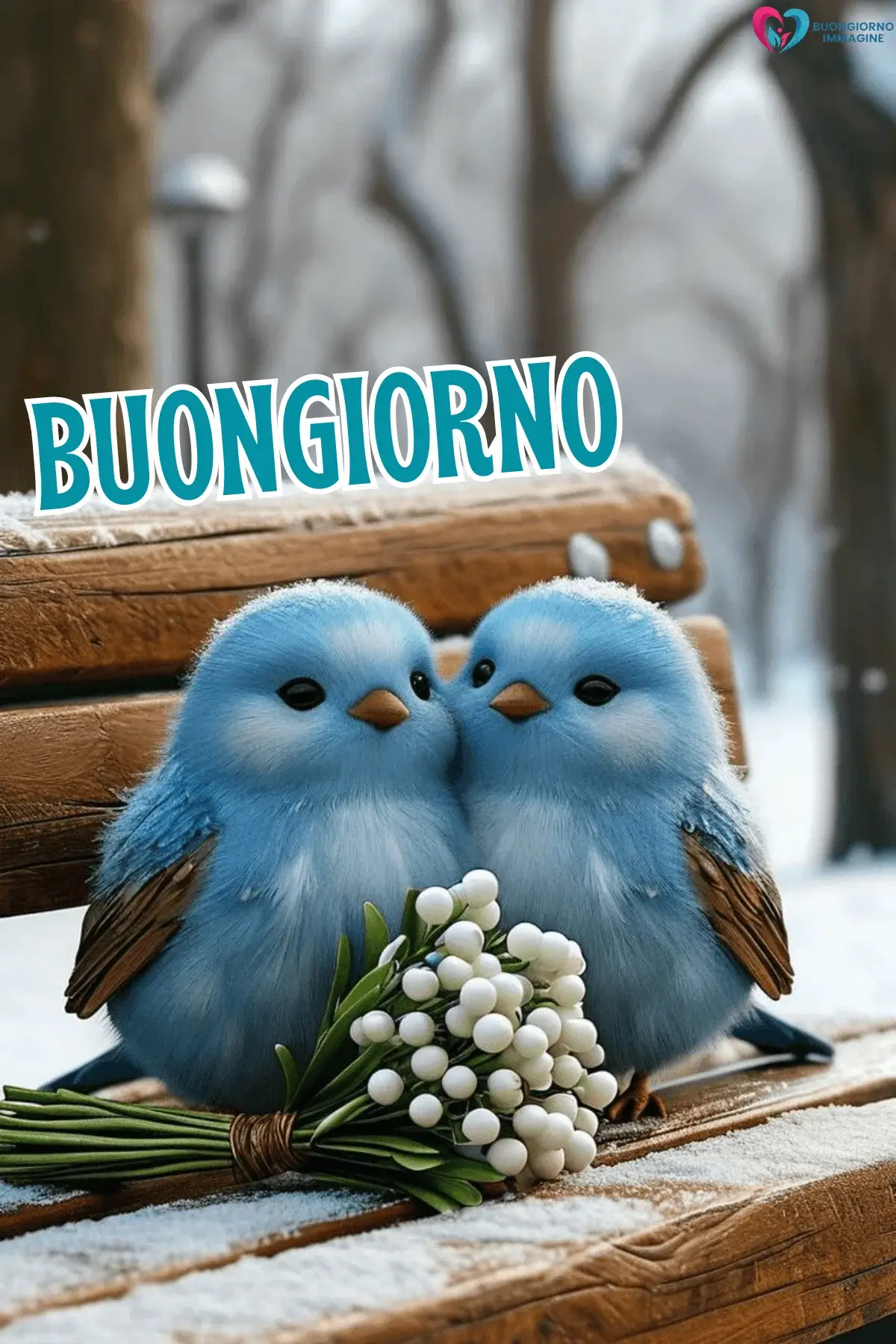 Due pulcini azzurri su panchina innevata con mughetti, buongiorno invernale immagini nuove immagini gratis per WhatsApp