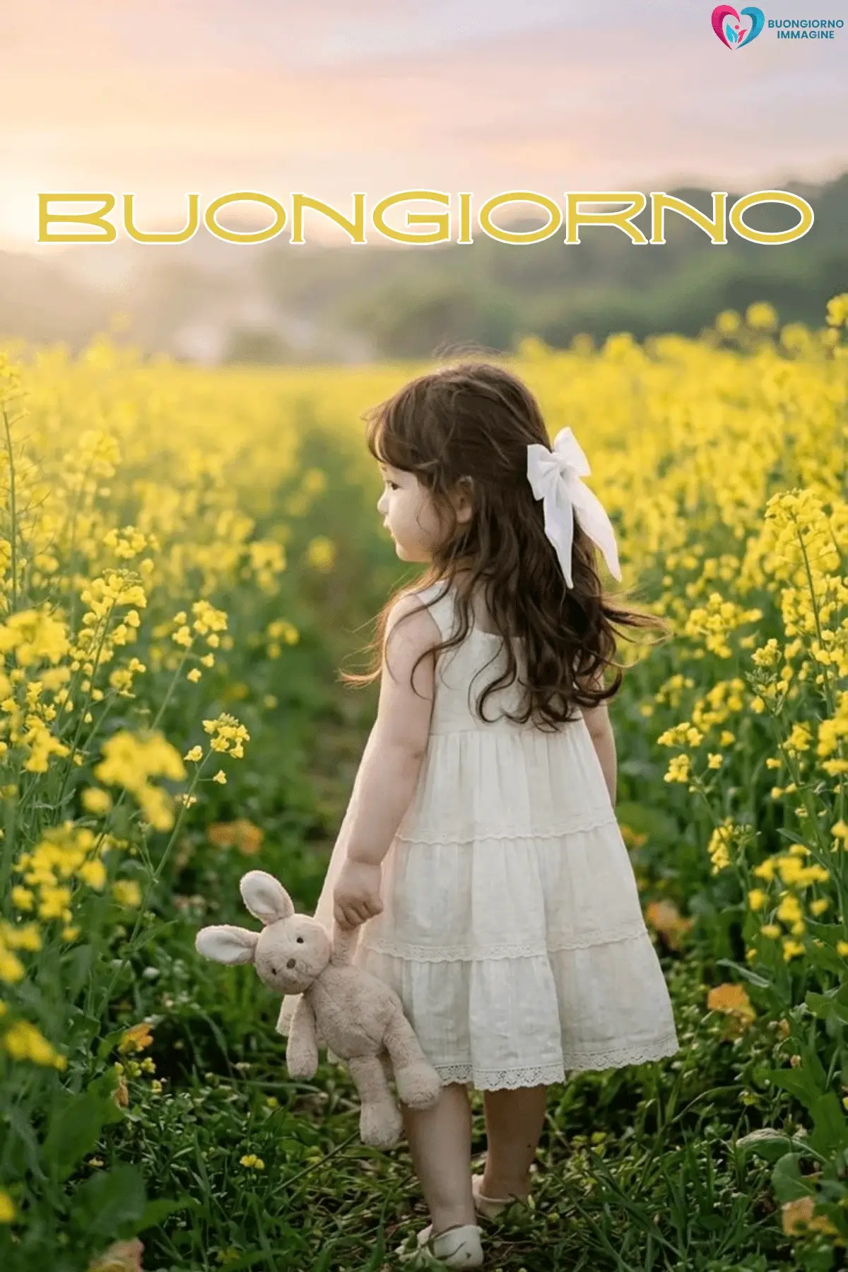 Bambina in campo di fiori gialli con peluche, buongiorno bambini, immagini gratis per WhatsApp