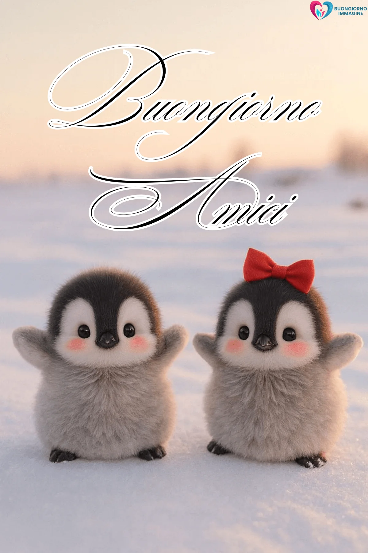 Due pulcini di pinguino sulla neve con fiocco rosso, buongiorno amici immagini gratis per WhatsApp