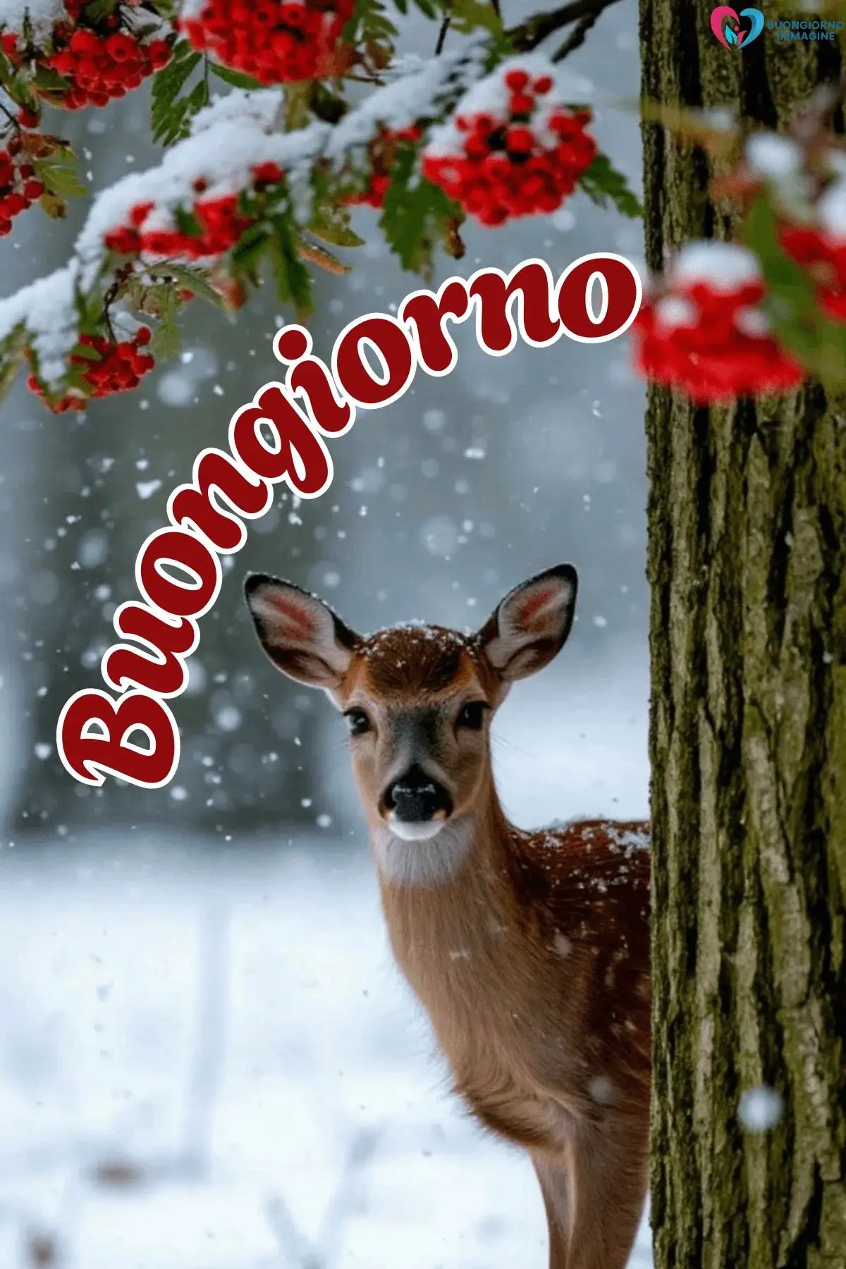 Cerbiatto nella neve con bacche rosse, buongiorno invernale immagini gratis per WhatsApp