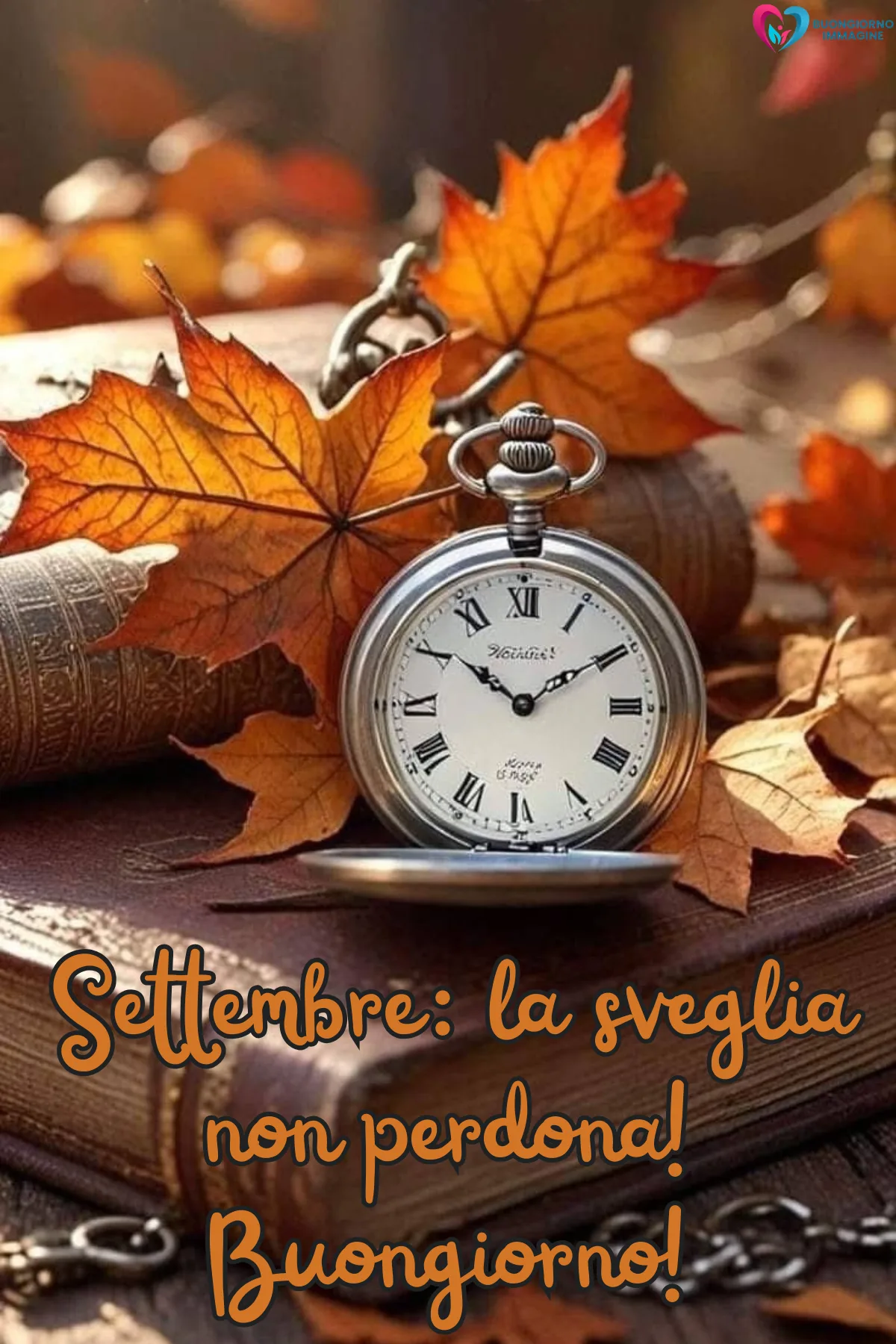 orologio vintage circondato foglie autunnali libri antichi settembre spietato - buongiornoimmagine.it - settembre 2026