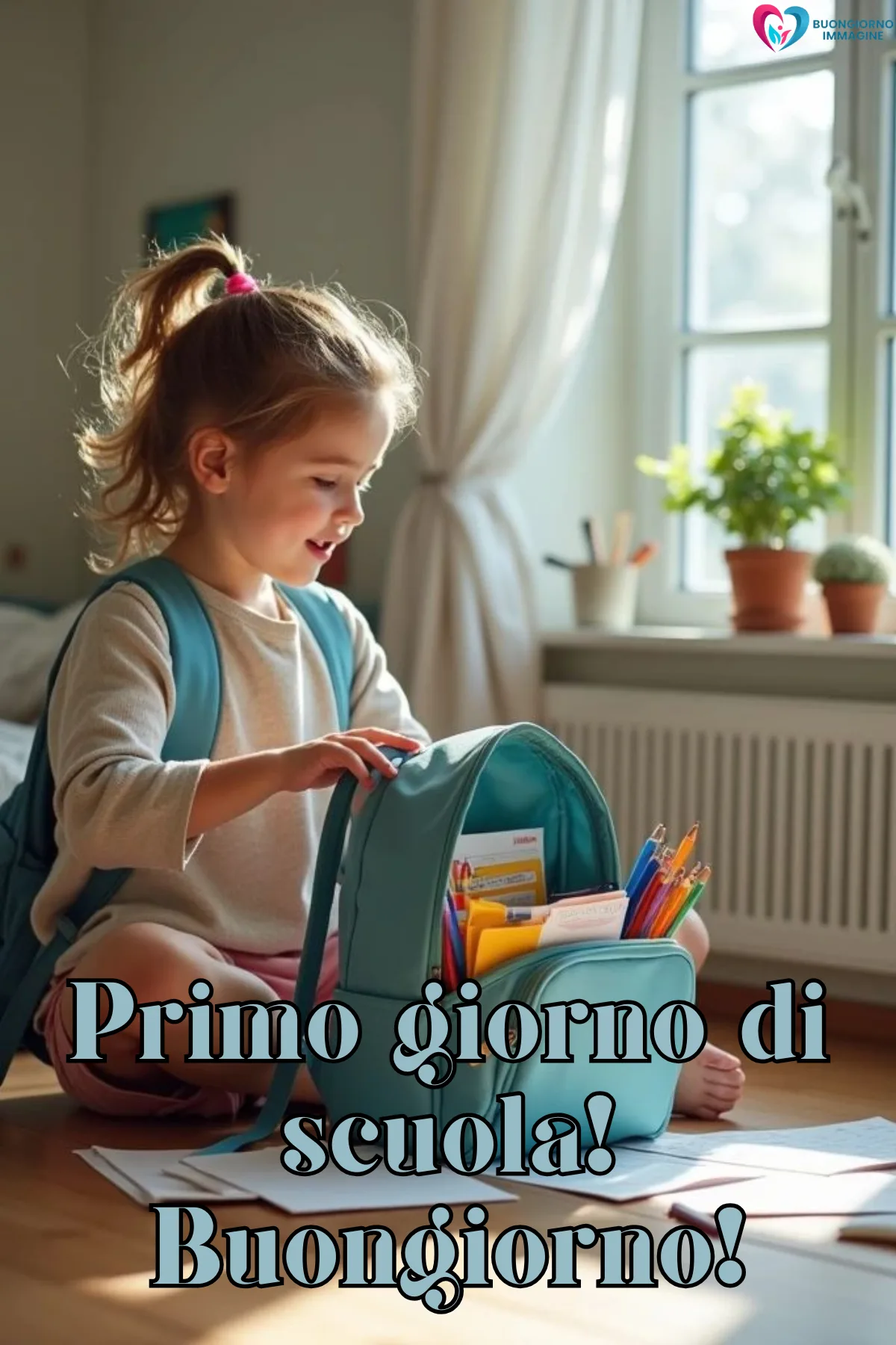 buongiorno settembre divertente - bambina seria prepara zaino come missione impossibile - immagini nuove gratis per WhatsApp