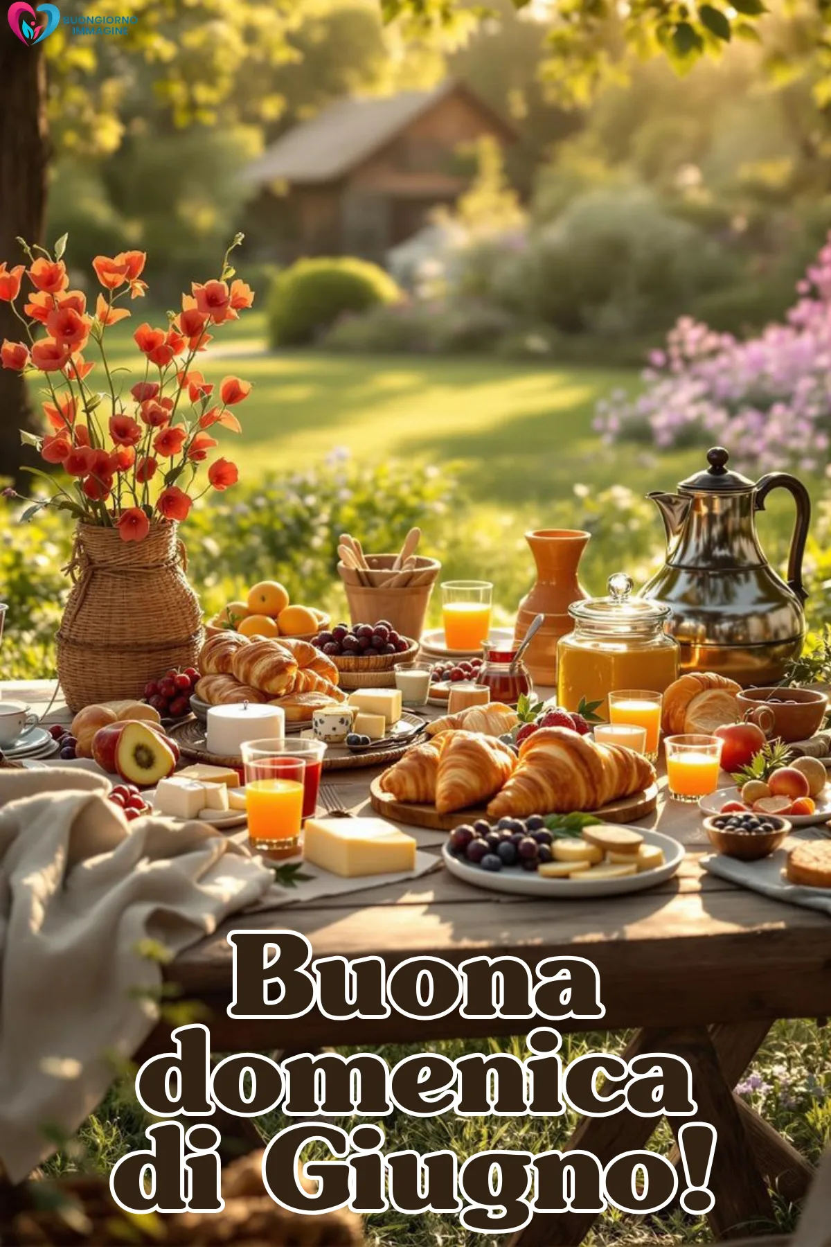 buona domenica di giugno immagini con giardino fiorito e farfalle