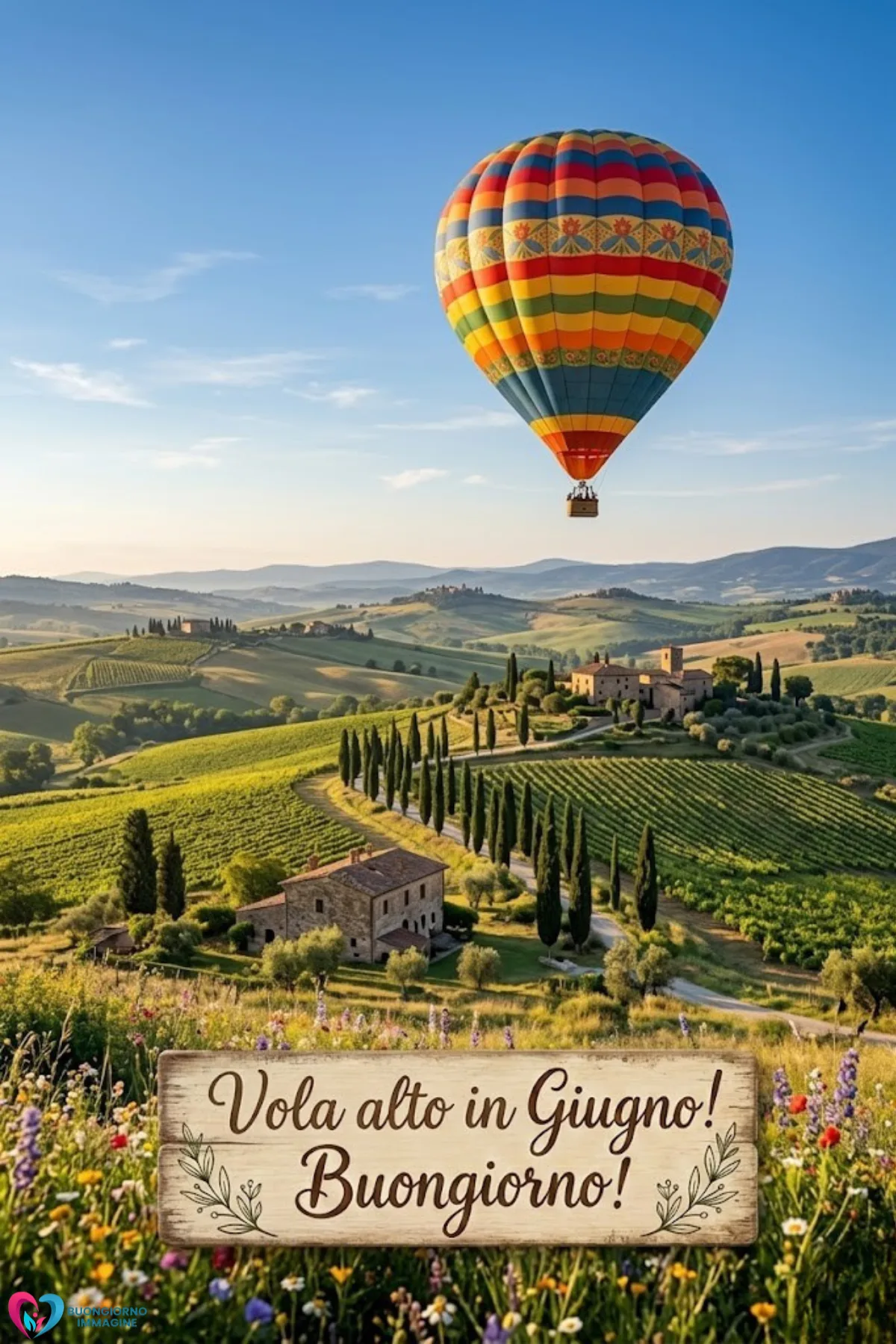 buongiorno benvenuto giugno immagini con giardino fiorito e farfalle