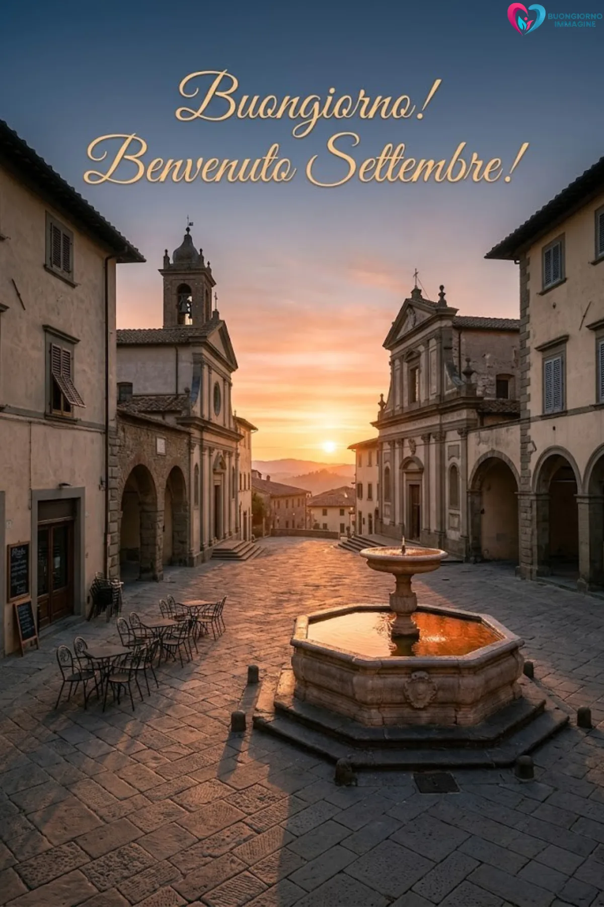 Buongiorno settembre — piazza italiana al tramonto con fontana e chiesa - buongiornoimmagine.it - settembre 2026