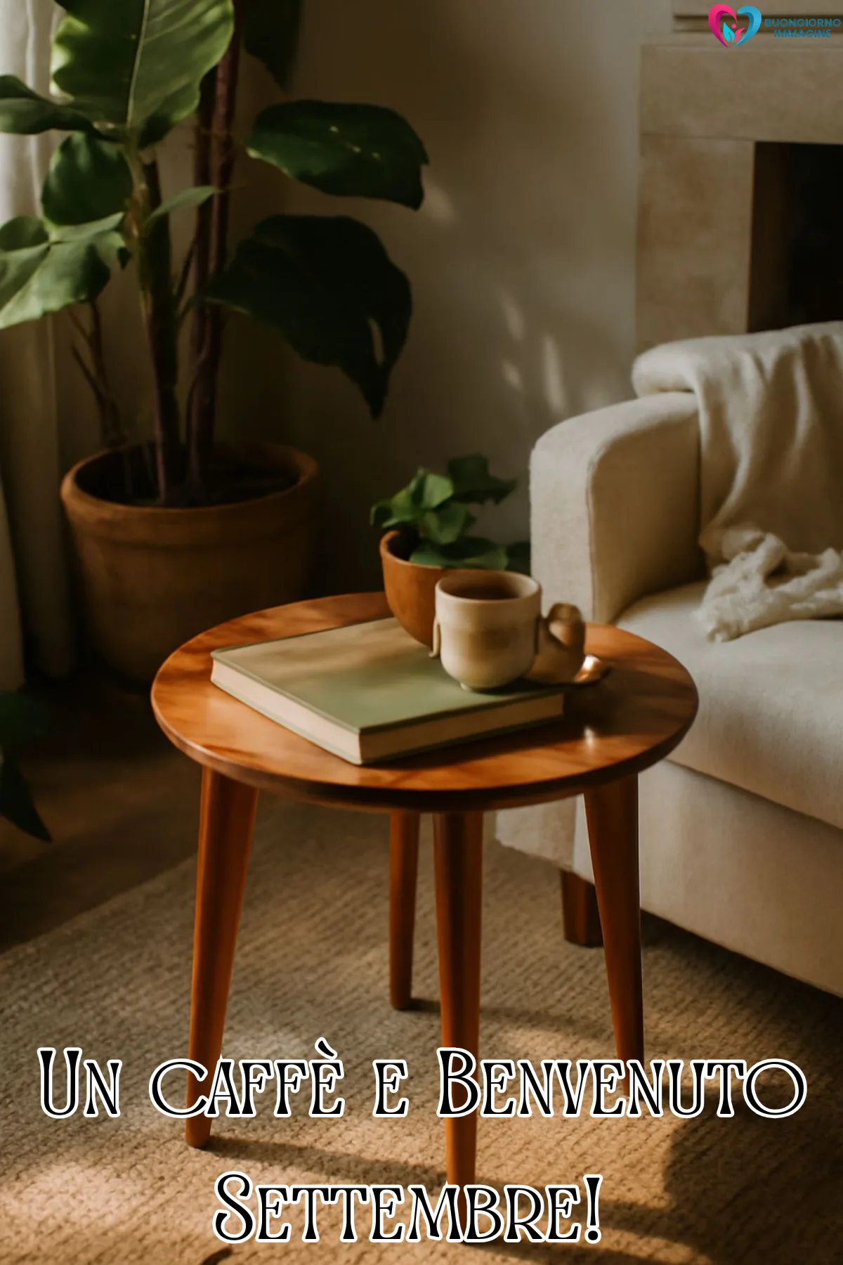 immagini buongiorno settembre - tavolino legno con libro tazza caffè pianta verde divano - immagini nuove gratis per WhatsApp