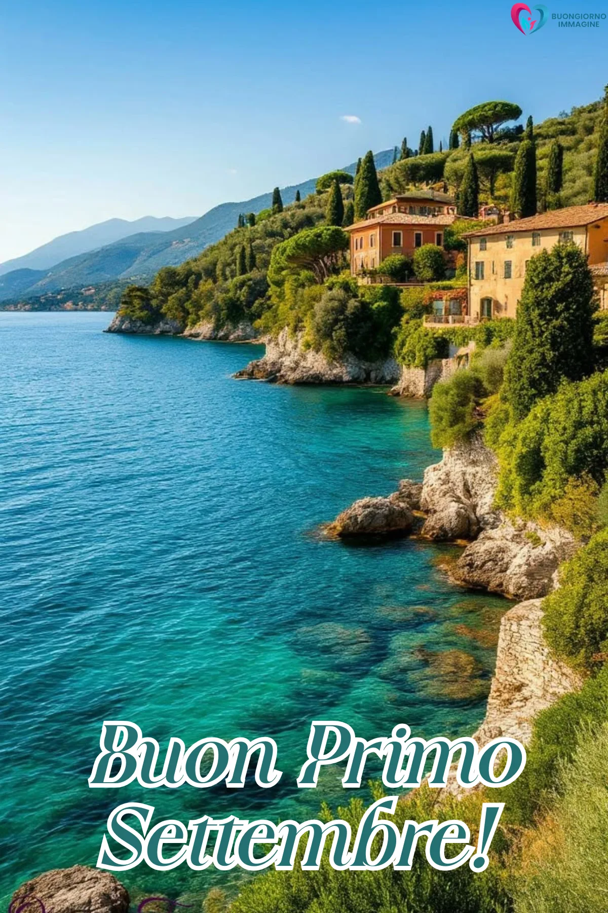 Buongiorno settembre — buongiorno 1 settembre - villa italiana su costa rocciosa con mare turchese - immagini nuove gratis per WhatsApp