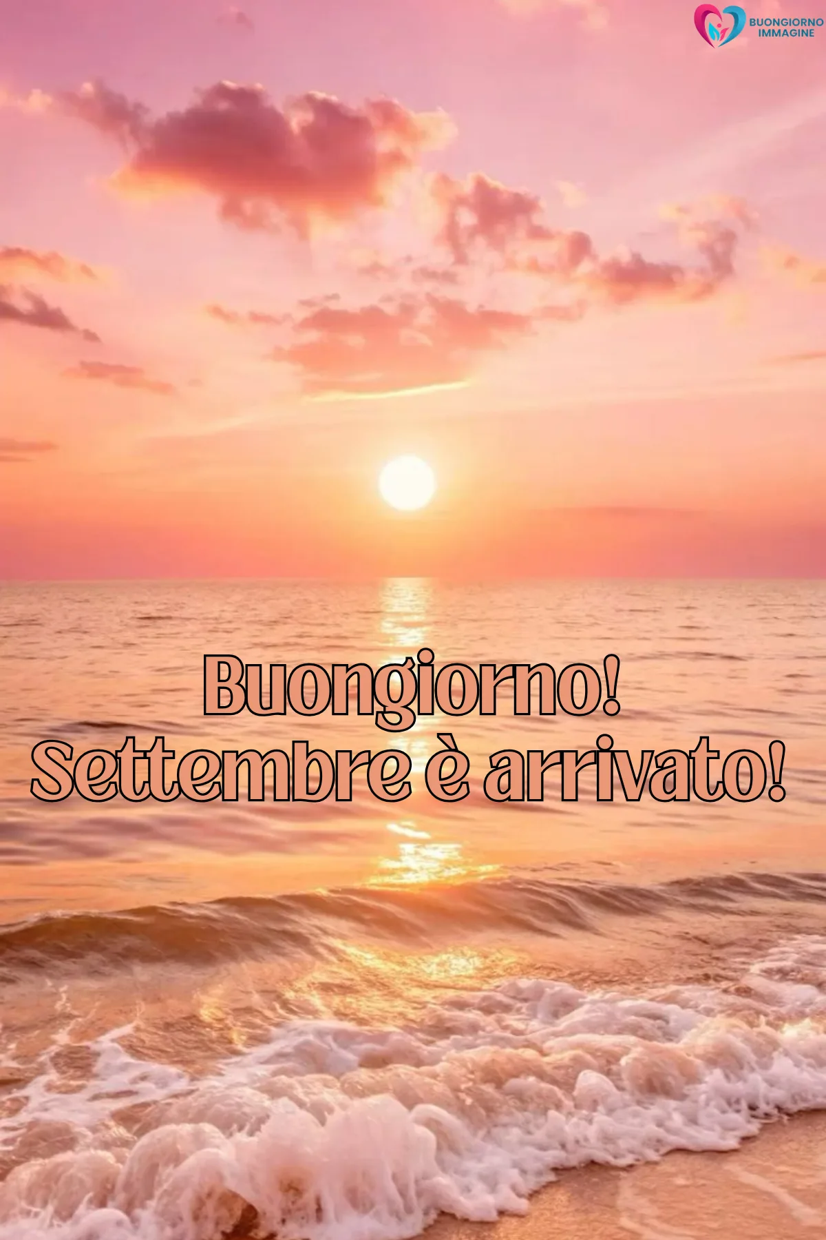 Buongiorno settembre — immagini settembre gratis per whatsapp - tramonto rosa sul mare con onde e scritta - immagini nuove gratis per WhatsApp