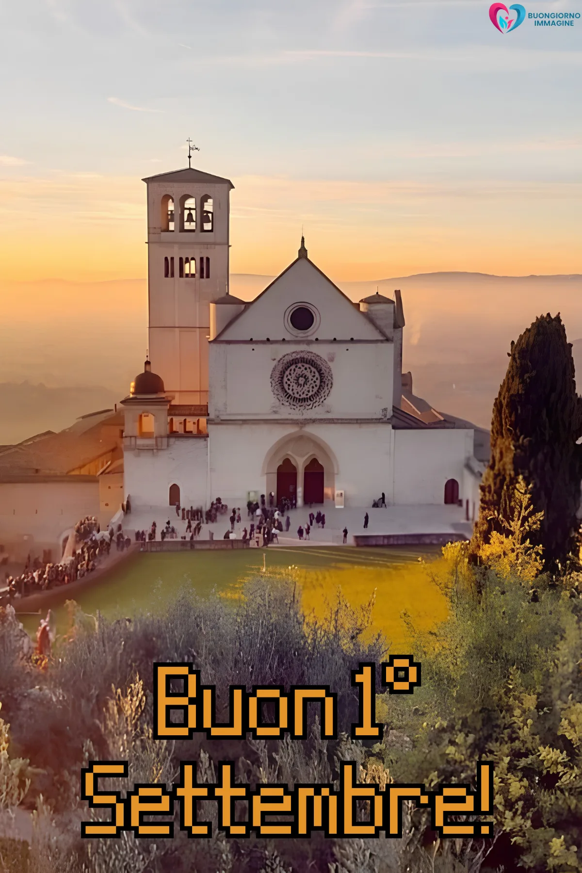 basilica medievale al tramonto con scritta primo settembre - buongiornoimmagine.it - settembre 2026