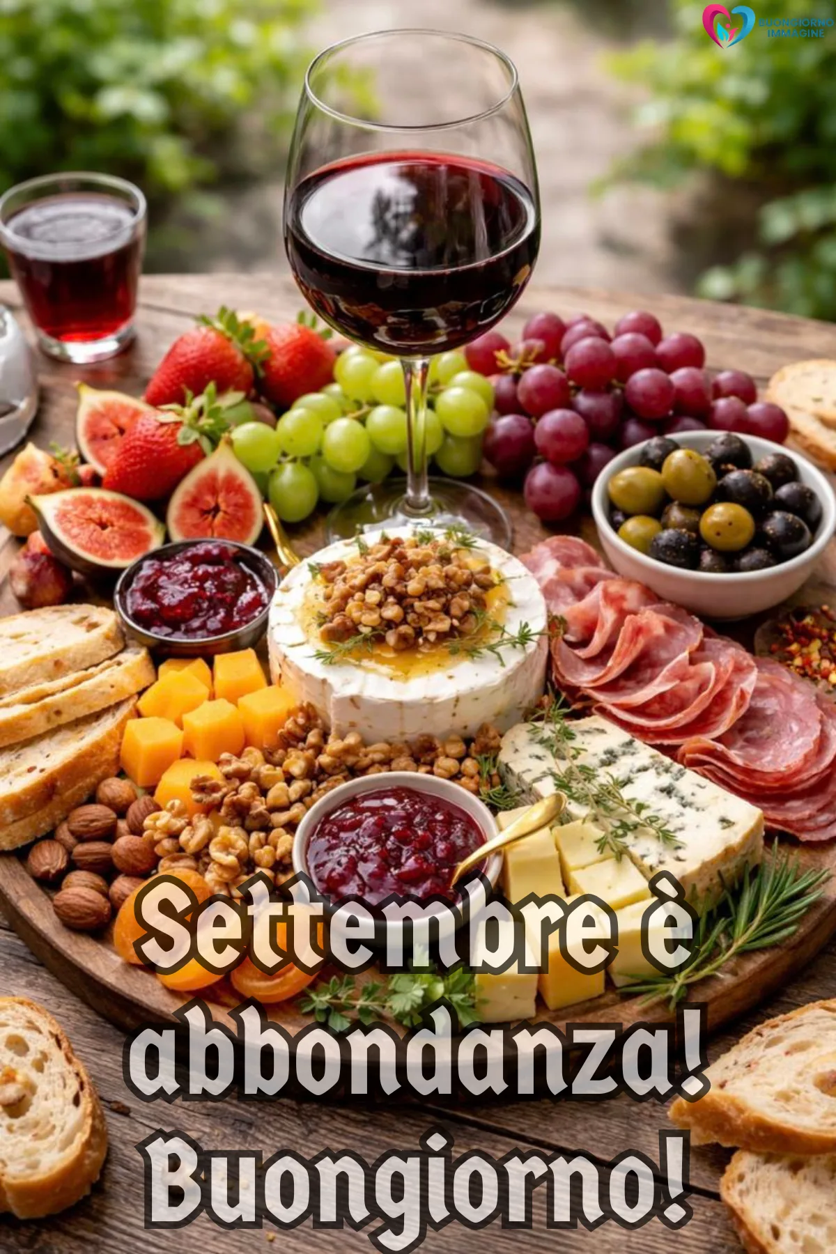 tagliere abbondante con vino rosso formaggi frutta e salumi - buongiornoimmagine.it - settembre 2026