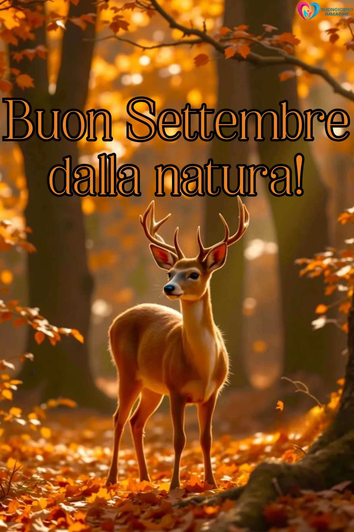 immagini buongiorno settembre - cervo nel bosco autunnale con foglie arancioni dorate - immagini nuove gratis per WhatsApp