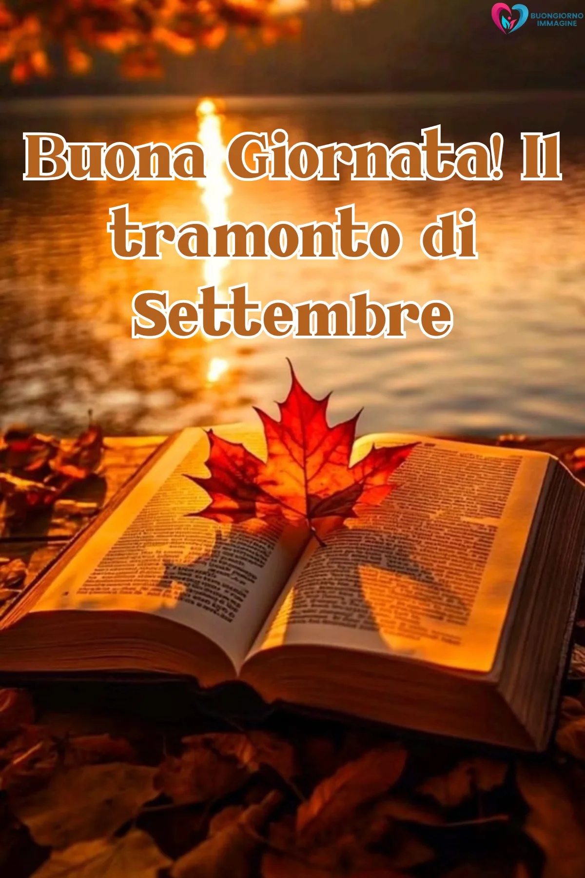 buongiorno 1 settembre - libro aperto foglia rossa tramonto dorato lago autunnale - immagini nuove gratis per WhatsApp