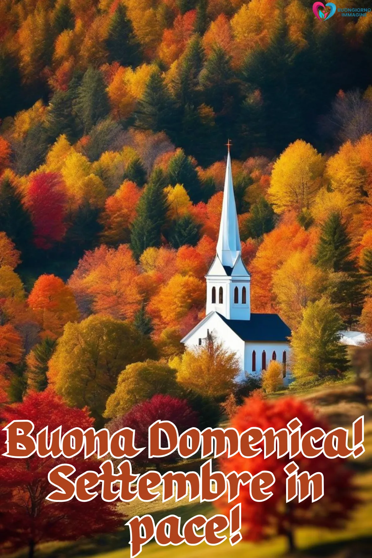 chiesa bianca tra bosco autunnale colorato con testo italiano - buongiornoimmagine.it - settembre 2026
