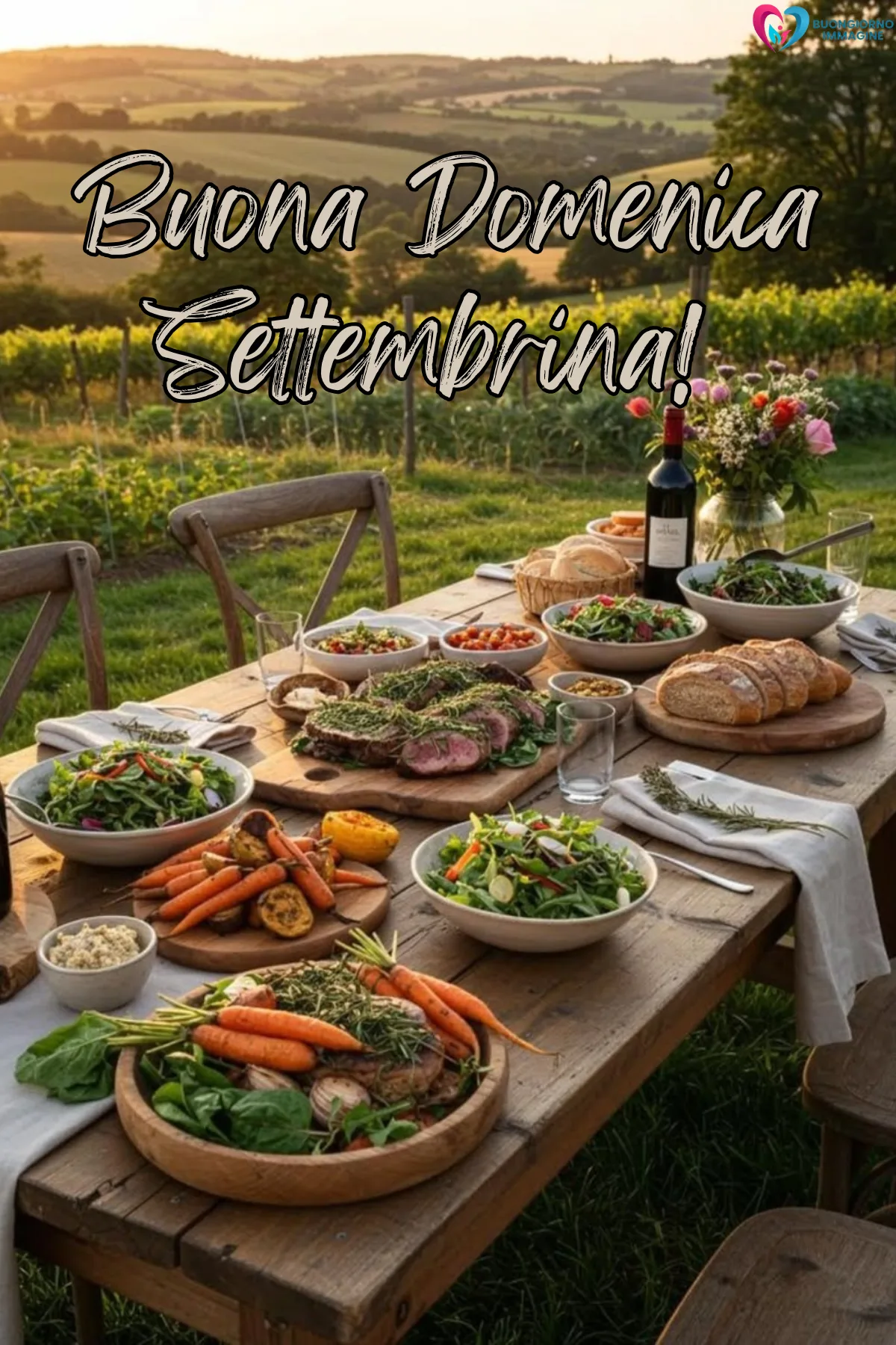 tavola rustica all'aperto con cibo abbondante e vigneto - buongiornoimmagine.it - settembre 2026