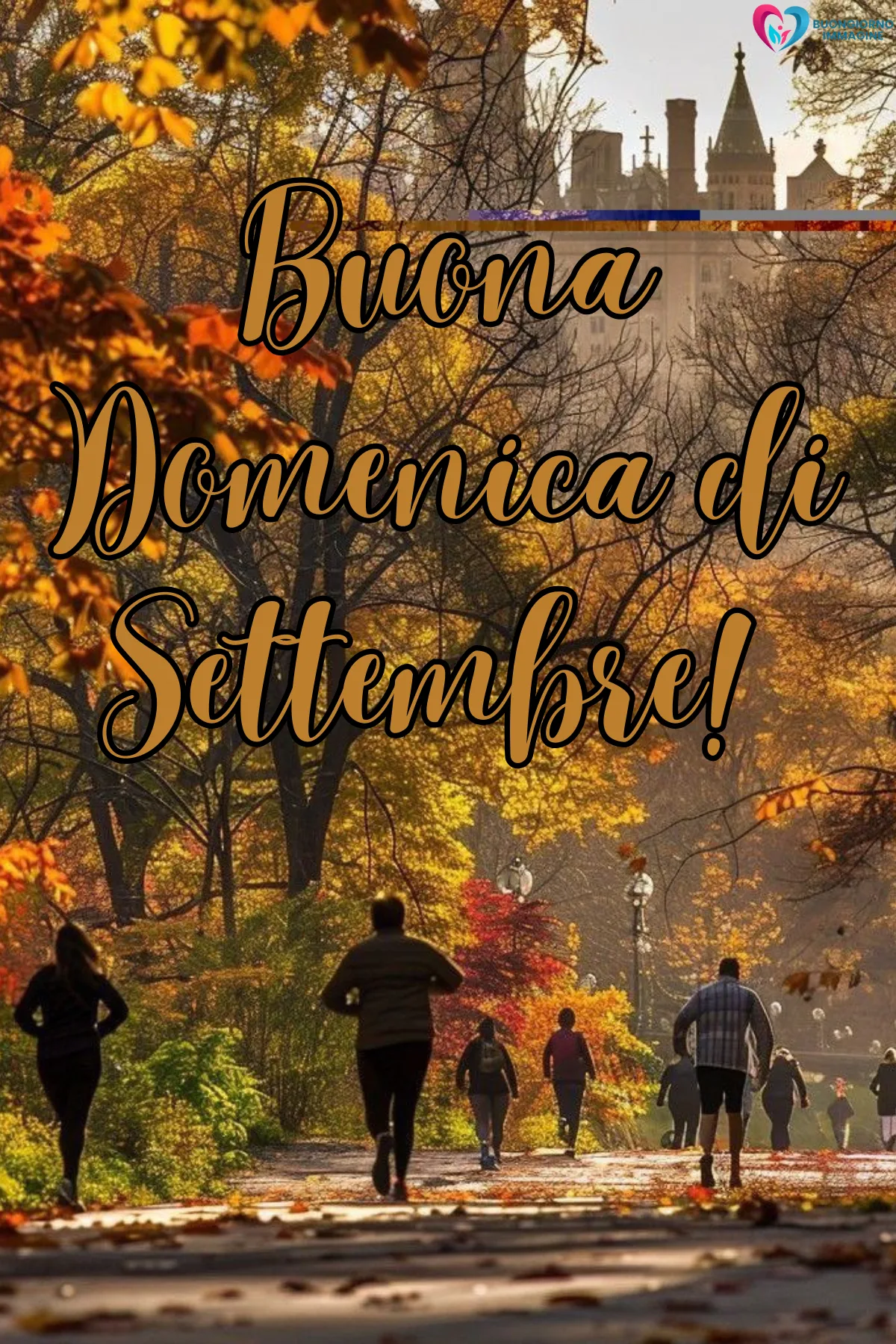 buona domenica di settembre - persone che camminano nel parco autunnale con foglie - immagini nuove gratis per WhatsApp
