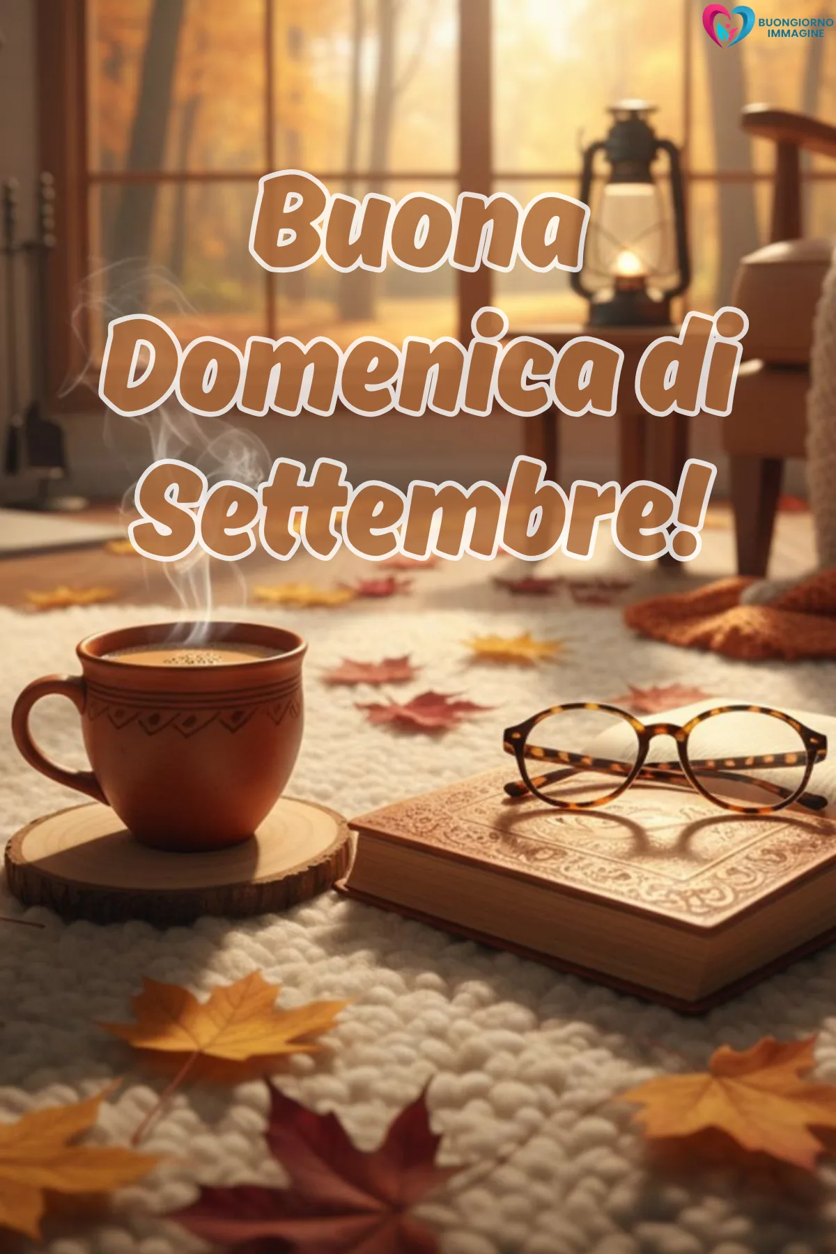 tazza caffè fumante libro occhiali foglie autunnali autunno - buongiornoimmagine.it - settembre 2026