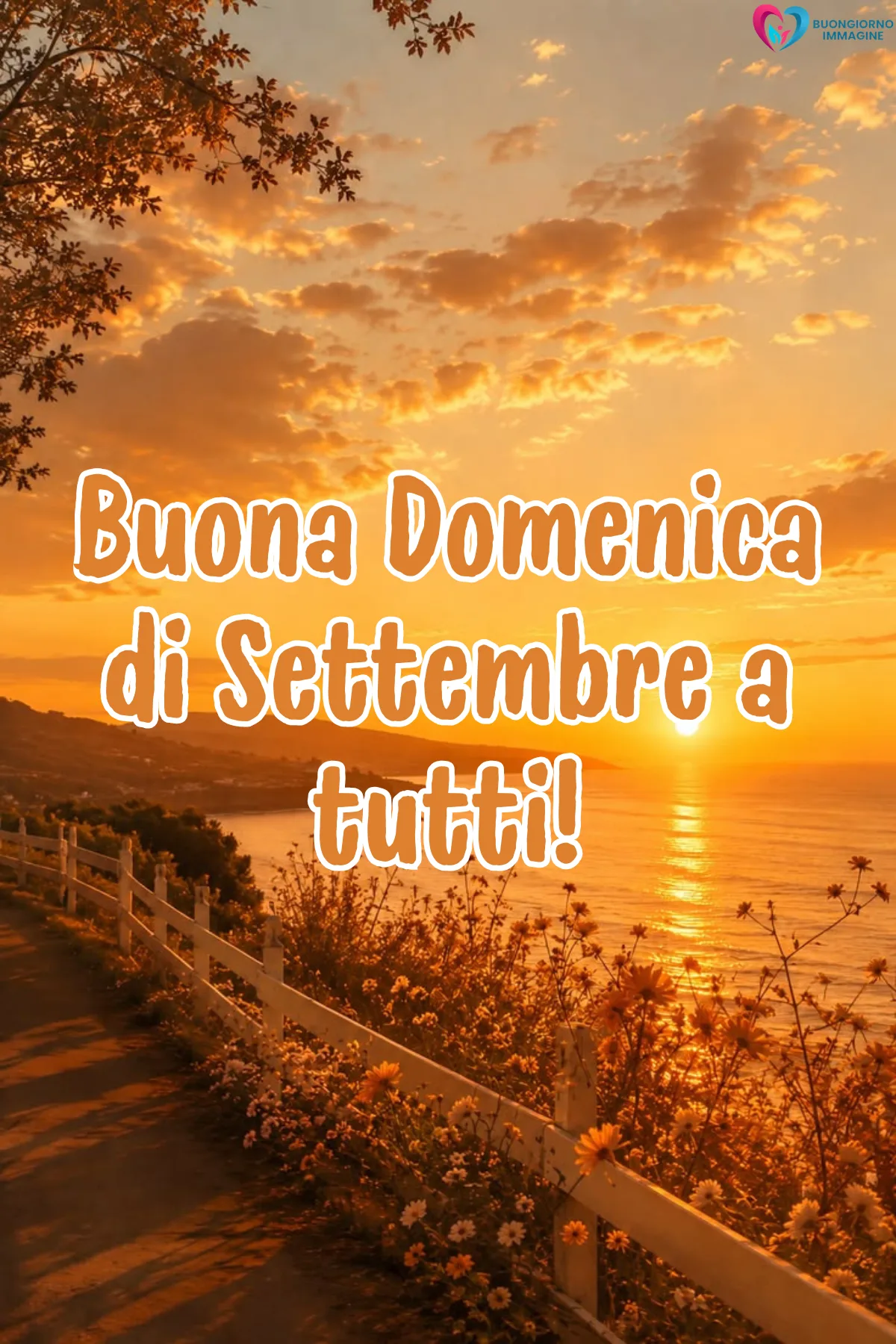 tramonto dorato sul mare con fiori e recinzione bianca - buongiornoimmagine.it - settembre 2026