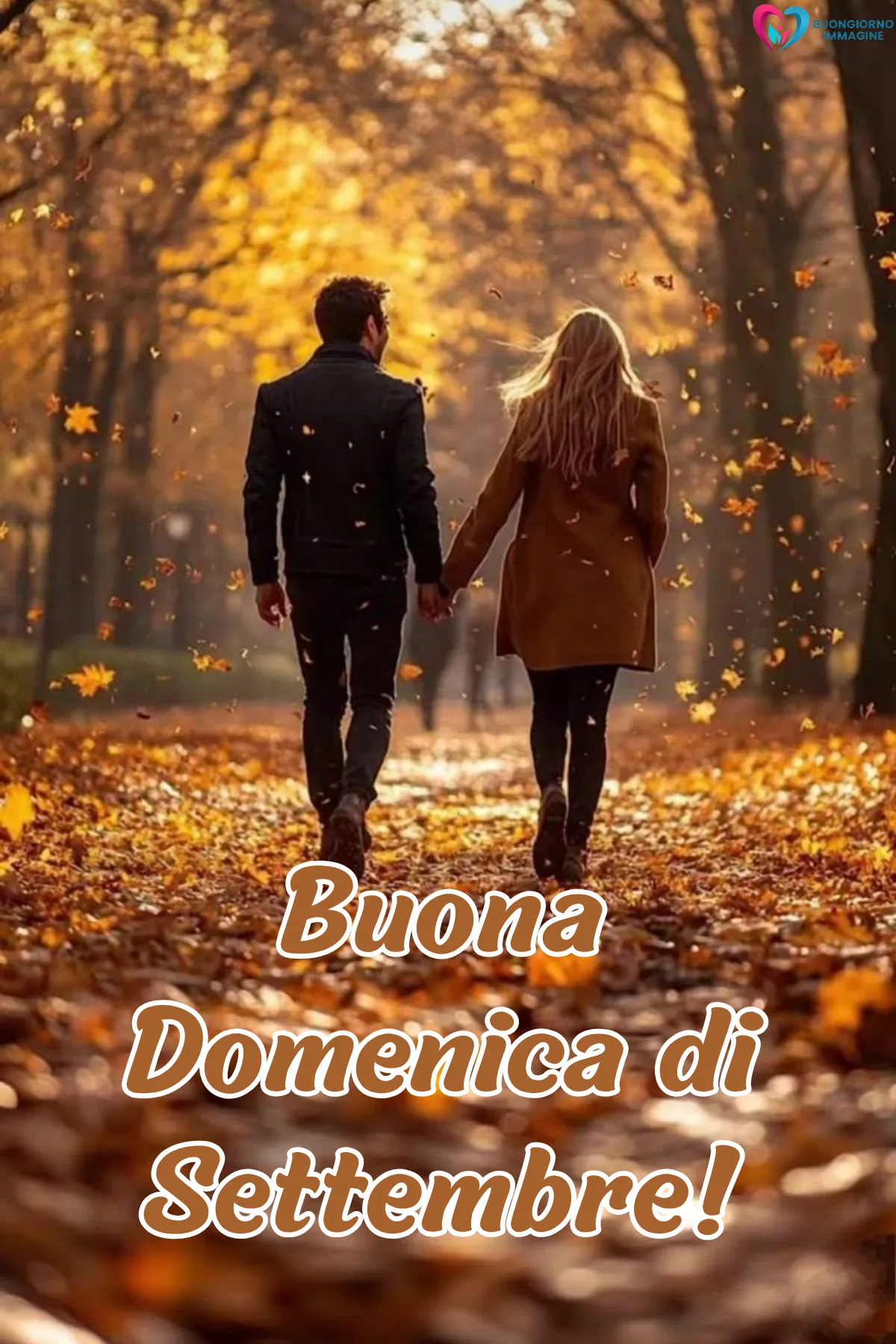 buona domenica di settembre - coppia mano nella mano passeggia tra foglie autunnali - immagini nuove gratis per WhatsApp