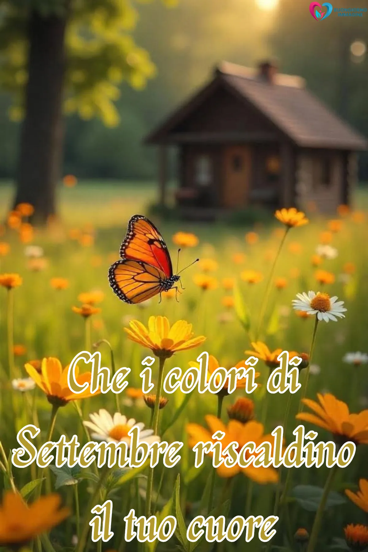 farfalla tra fiori settembre augurio caldo cuore - buongiornoimmagine.it - settembre 2026