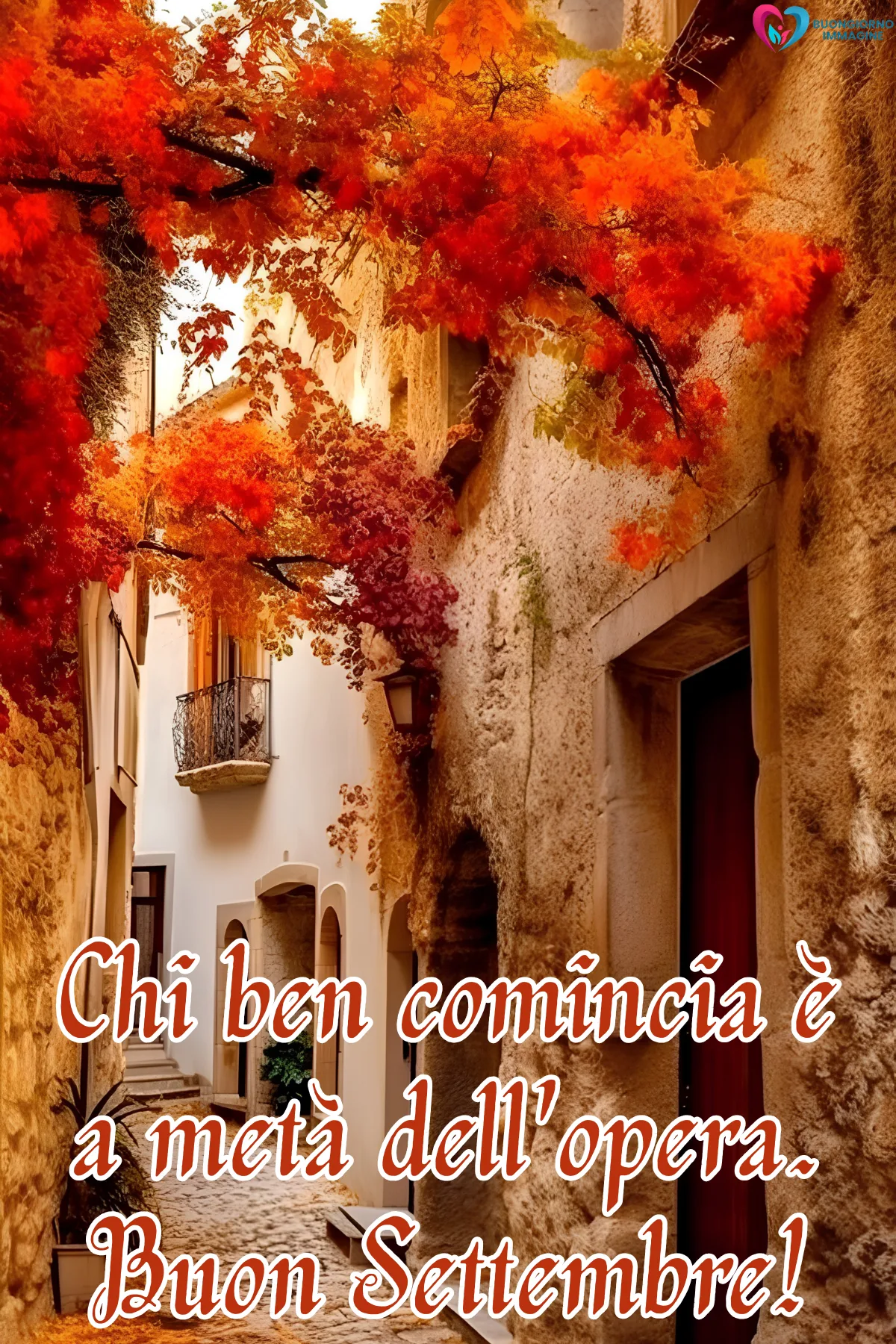 buongiorno settembre - vicolo autunnale italiano con frase motivazionale su settembre - immagini nuove gratis per WhatsApp