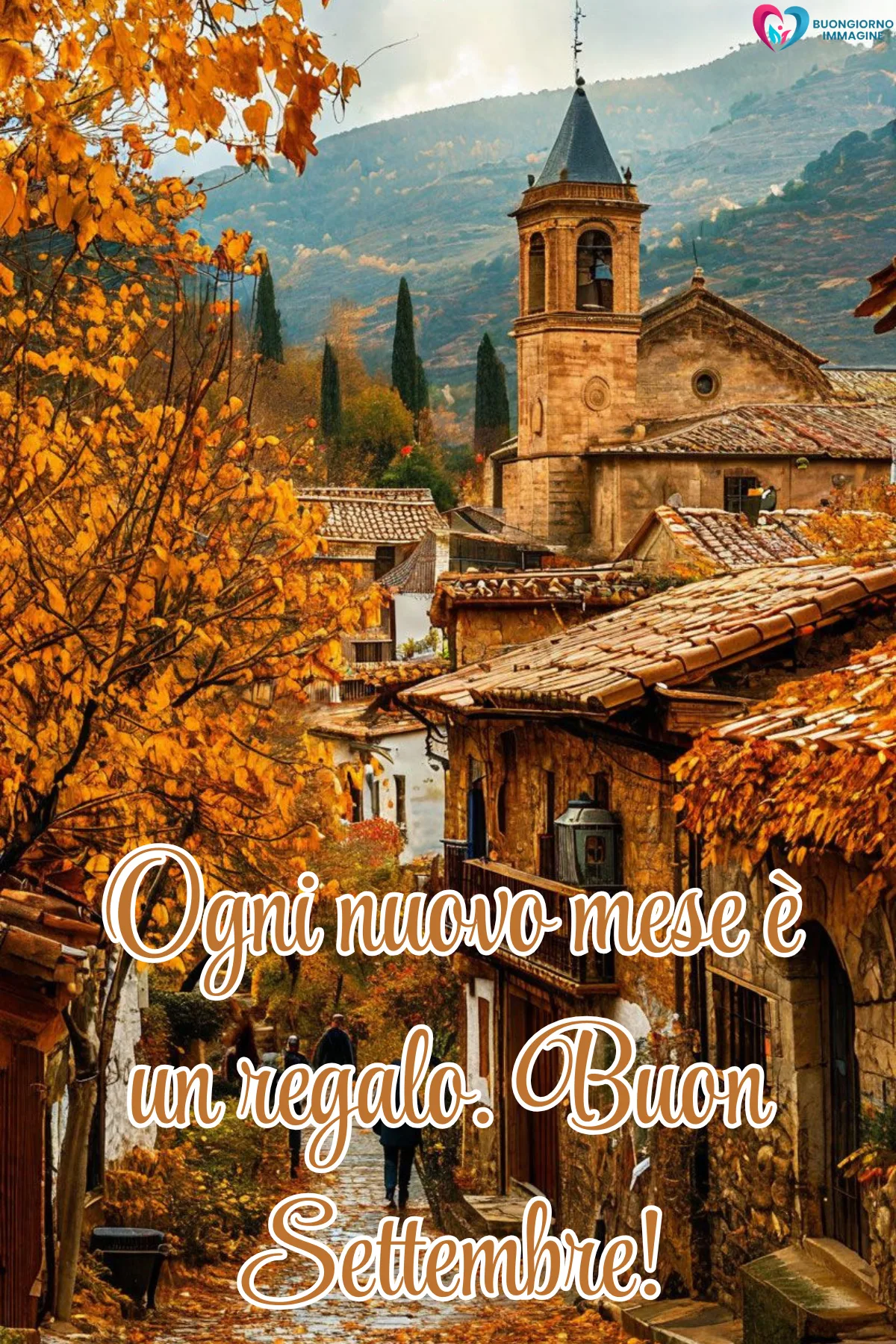 buongiorno 1 settembre - paesaggio autunnale borgo antico frase augurale settembre - immagini nuove gratis per WhatsApp