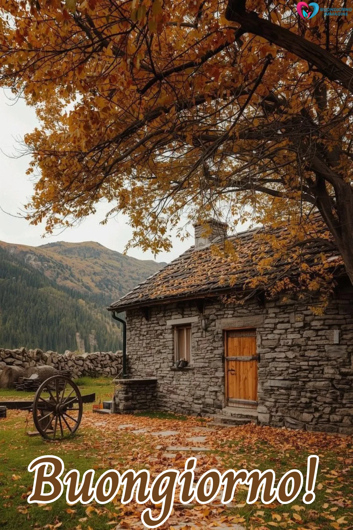 casetta in pietra autunnale con saluto mattutino caldo - buongiornoimmagine.it - settembre 2026