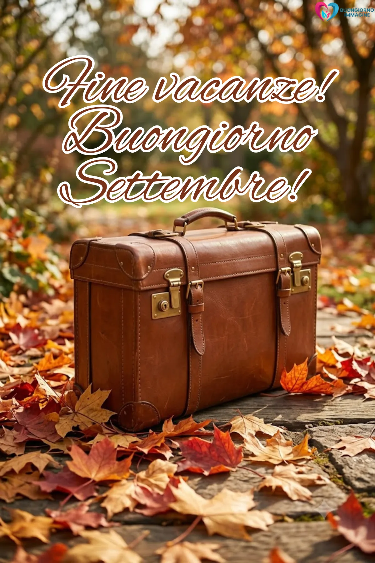 valigia vintage marrone foglie autunnali colorate su selciato - buongiornoimmagine.it - settembre 2026
