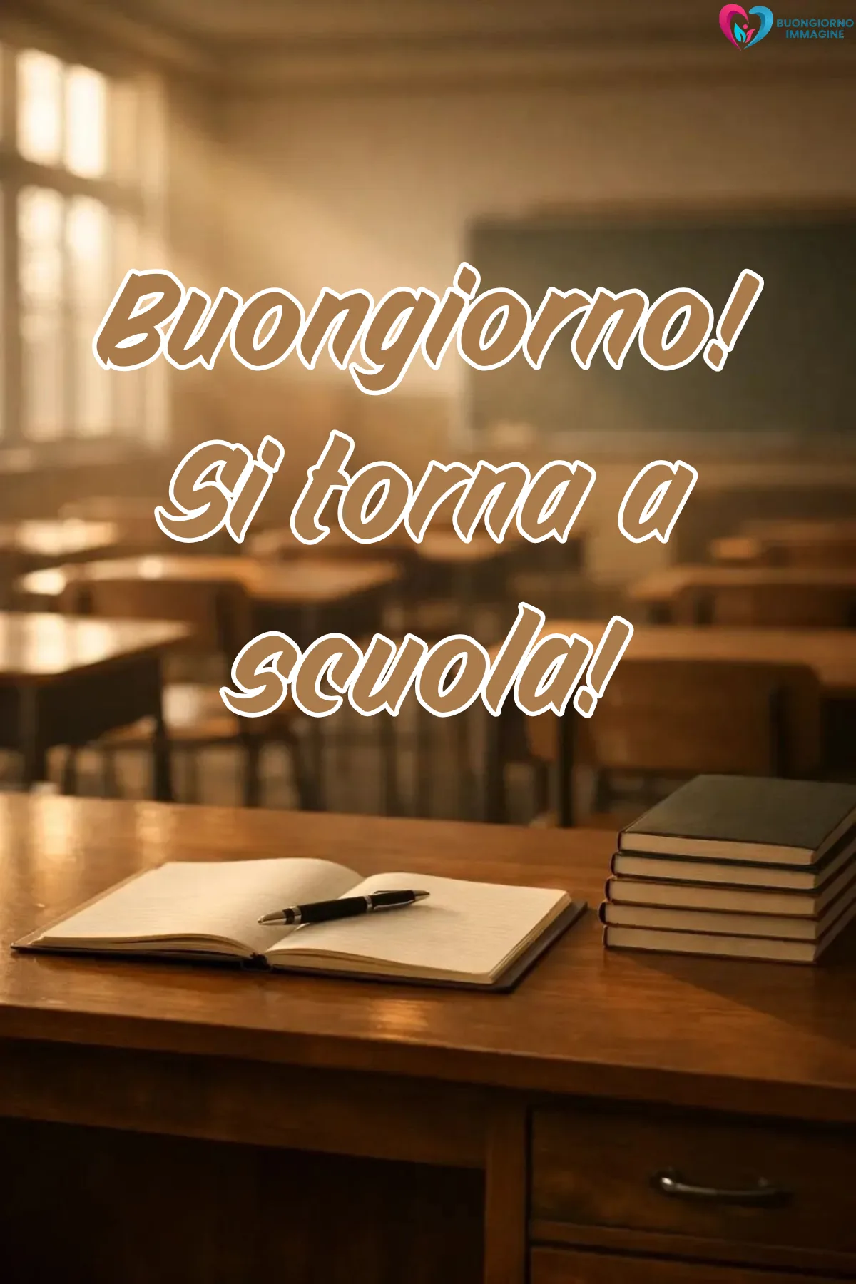 buon settembre - aula scolastica con libri quaderno e penna sul banco - immagini nuove gratis per WhatsApp