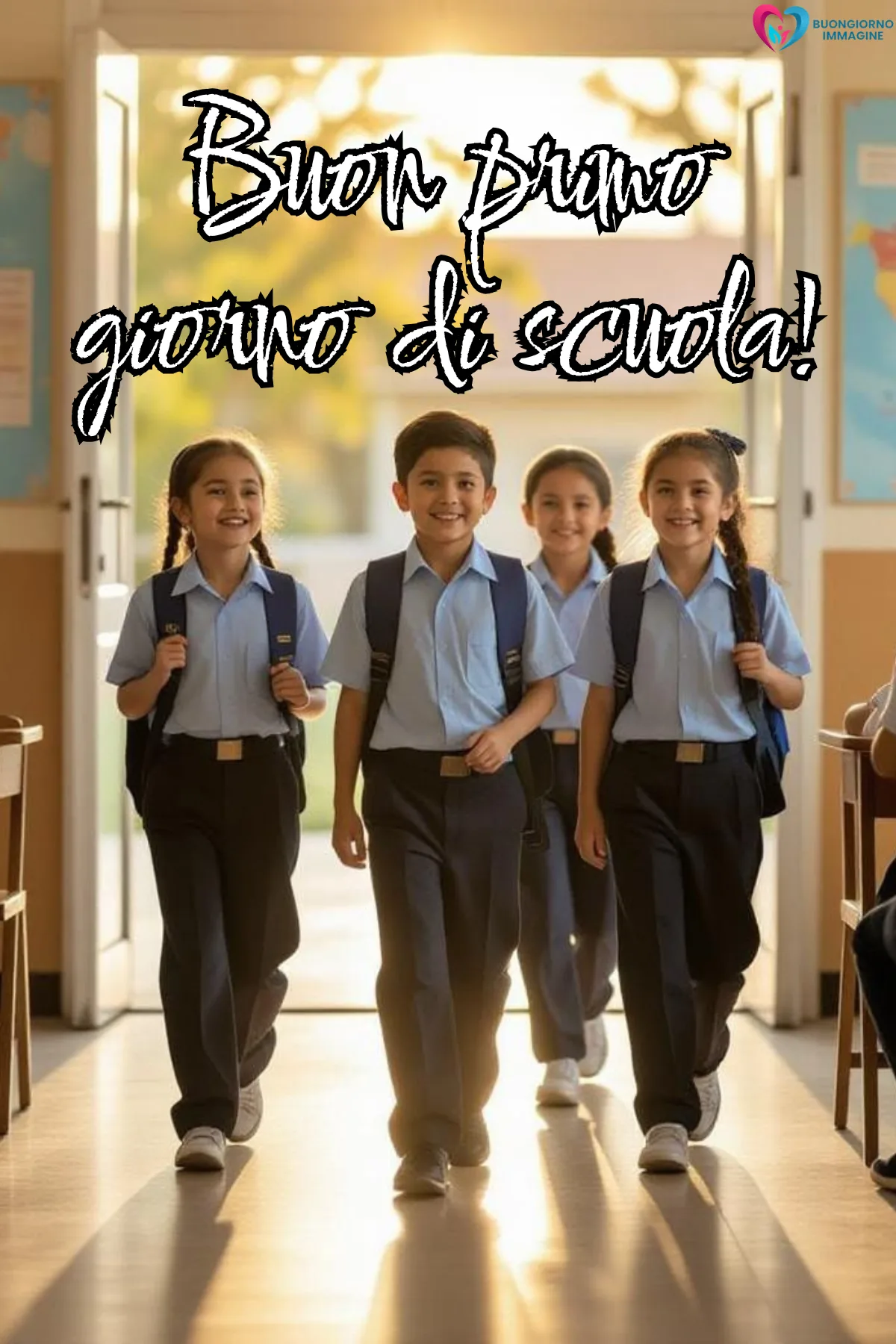 immagini buongiorno settembre - quattro bambini in uniforme scolastica che entrano - immagini nuove gratis per WhatsApp