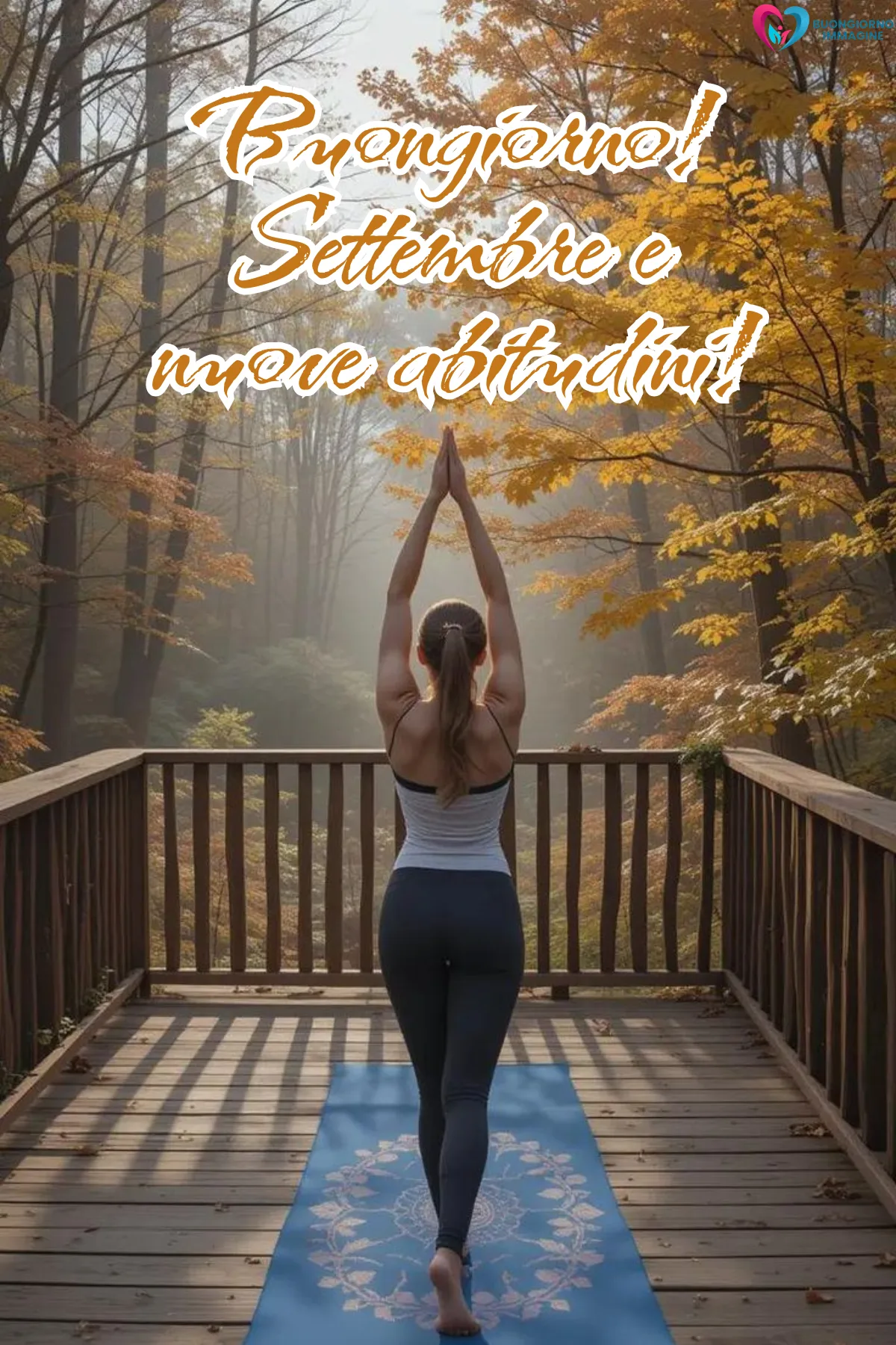 donna yoga ponte legno bosco autunnale foglie dorate - buongiornoimmagine.it - settembre 2026
