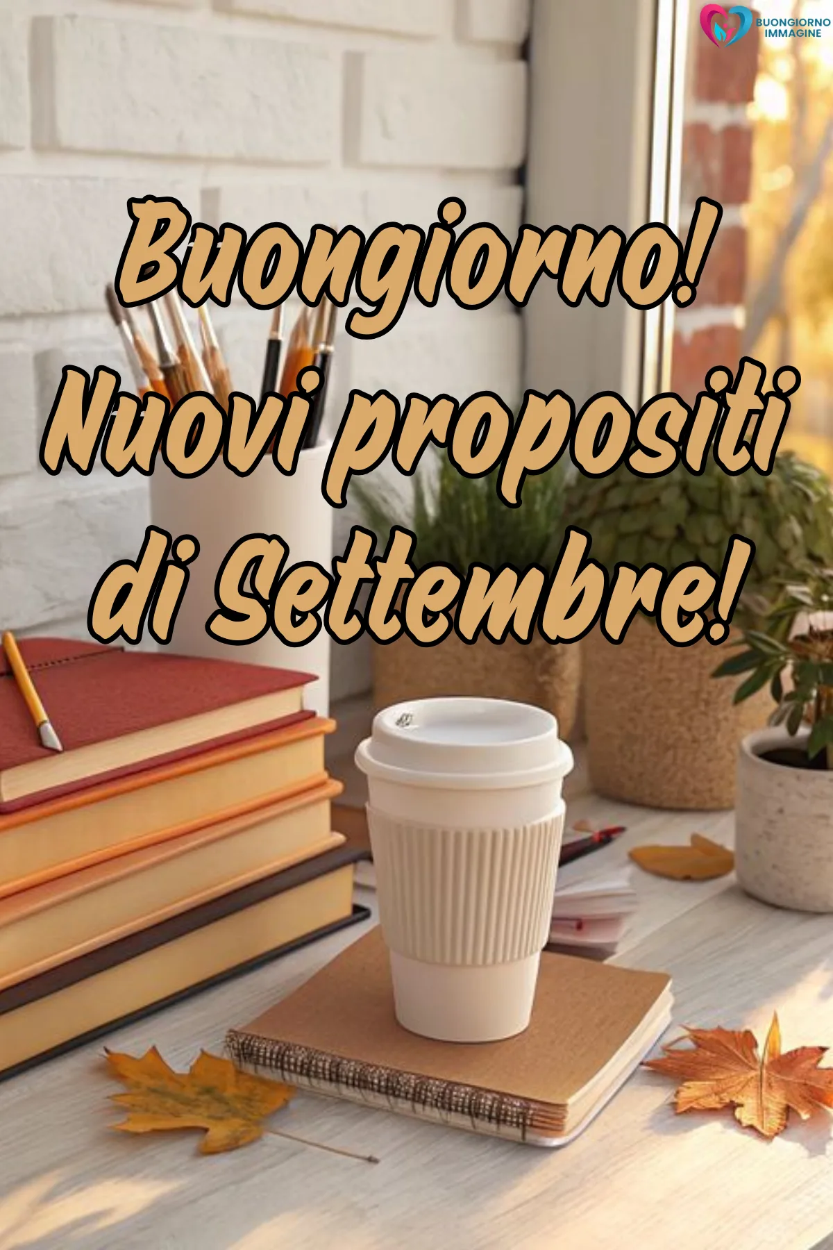buongiorno settembre - libri impilati tazza da caffè foglie autunnali piante verdi - immagini nuove gratis per WhatsApp