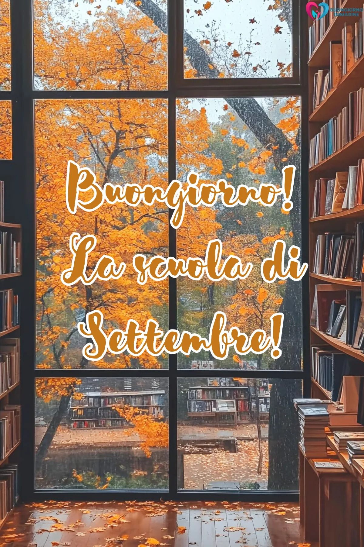 libreria autunnale con alberi arancioni e pioggia fuori finestra - buongiornoimmagine.it - settembre 2026