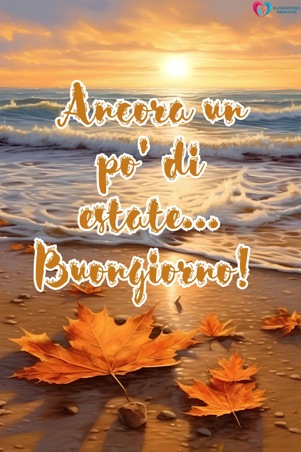 spiaggia autunnale con foglie dorate tramonto sul mare - buongiornoimmagine.it - settembre 2026